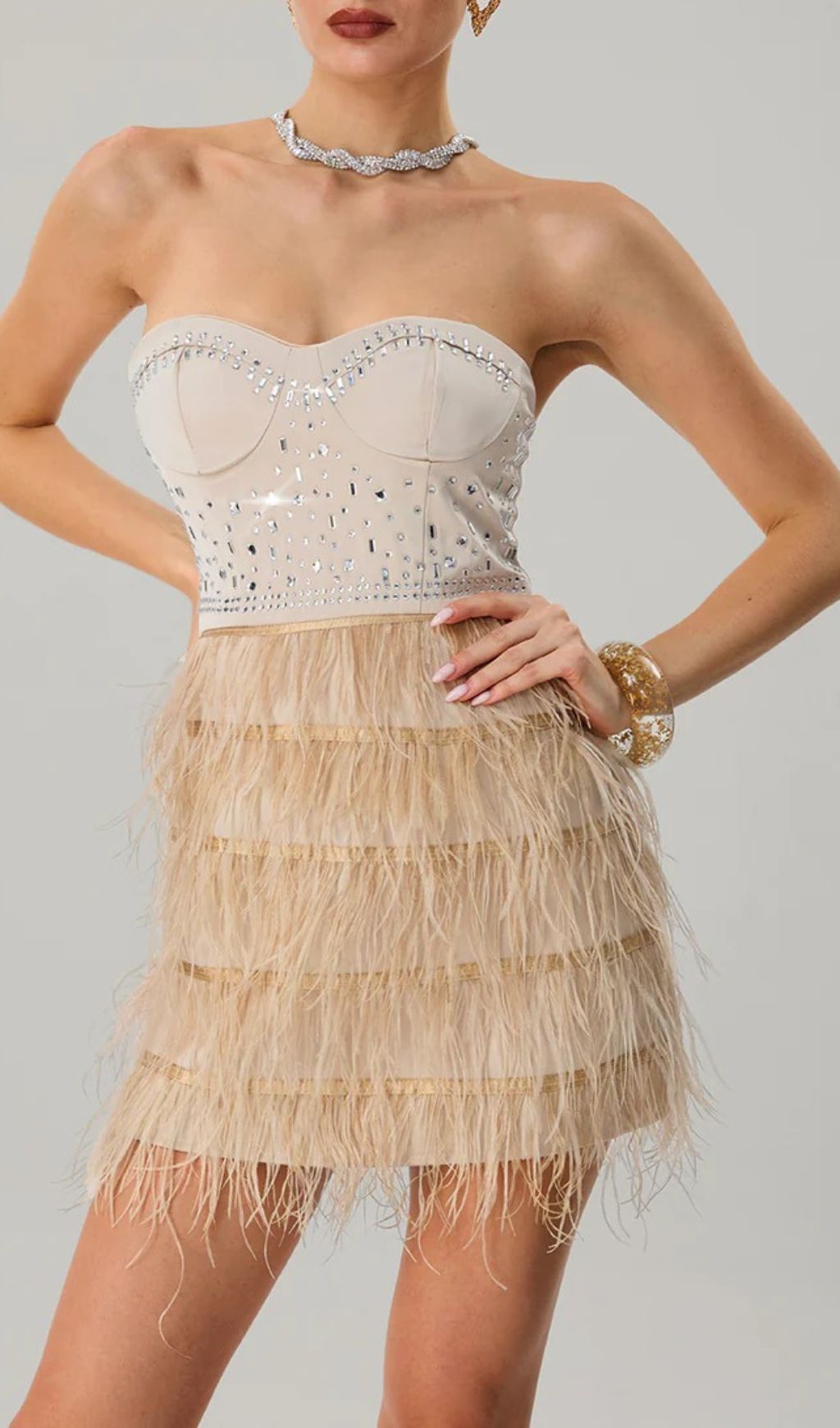 Jagtopa Strapless Rhinestone Feather Fringe Mini Dress - Glamorous Cocktail & Party