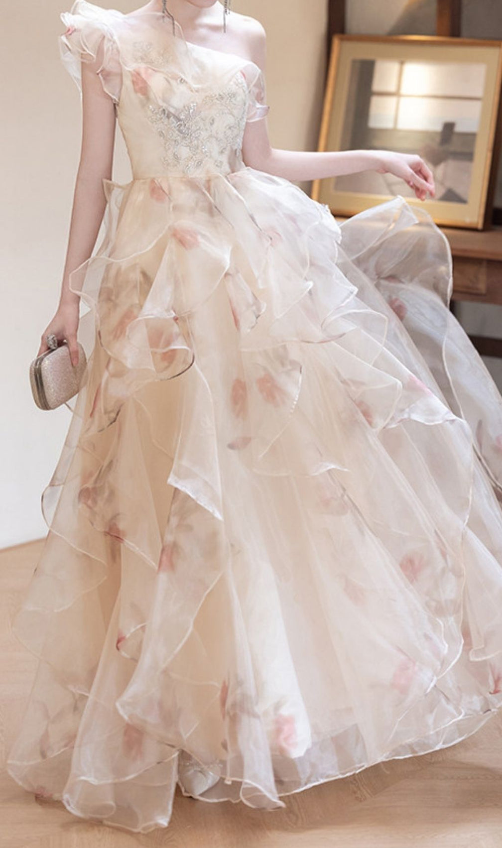 Keelty Opulent One-Shoulder Ruffle Maxi Gown - Enchanting Floral Elegance