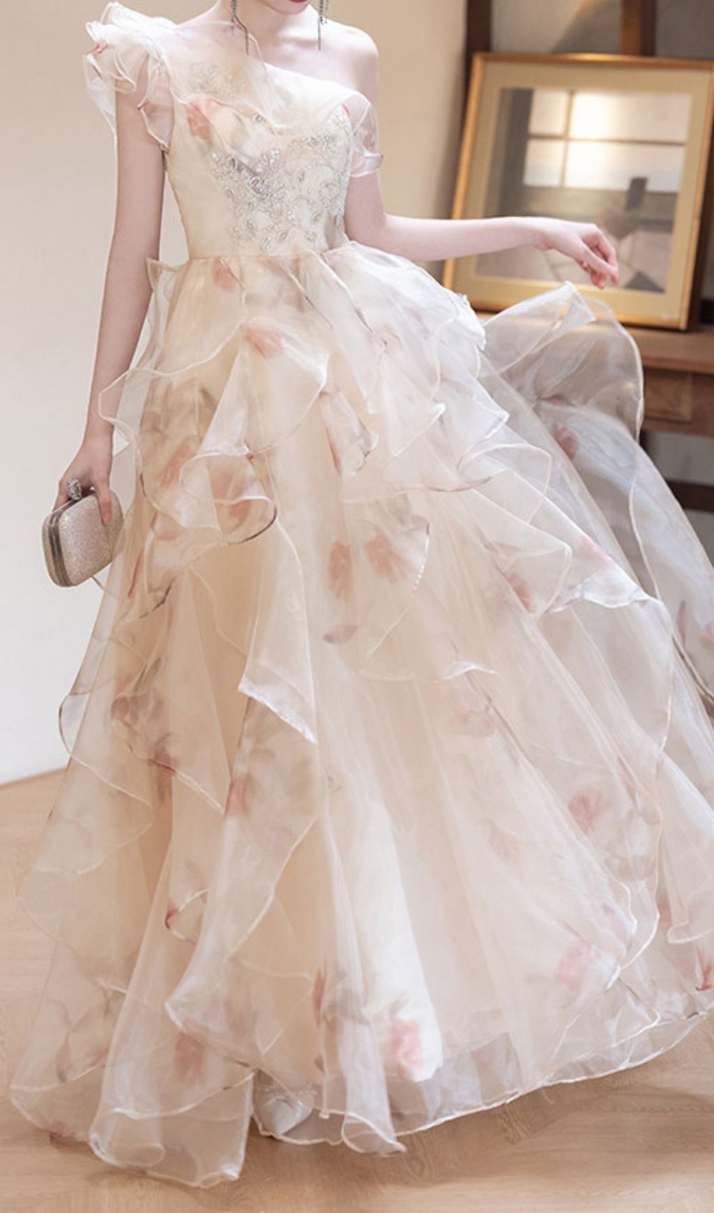 Keelty Opulent One-Shoulder Ruffle Maxi Gown - Enchanting Floral Elegance