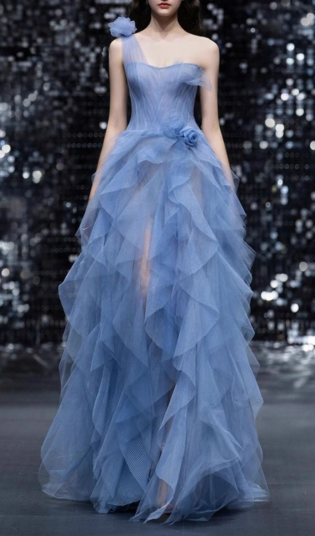 Kumiko Blue One-Shoulder Flower Mesh Maxi Dress
