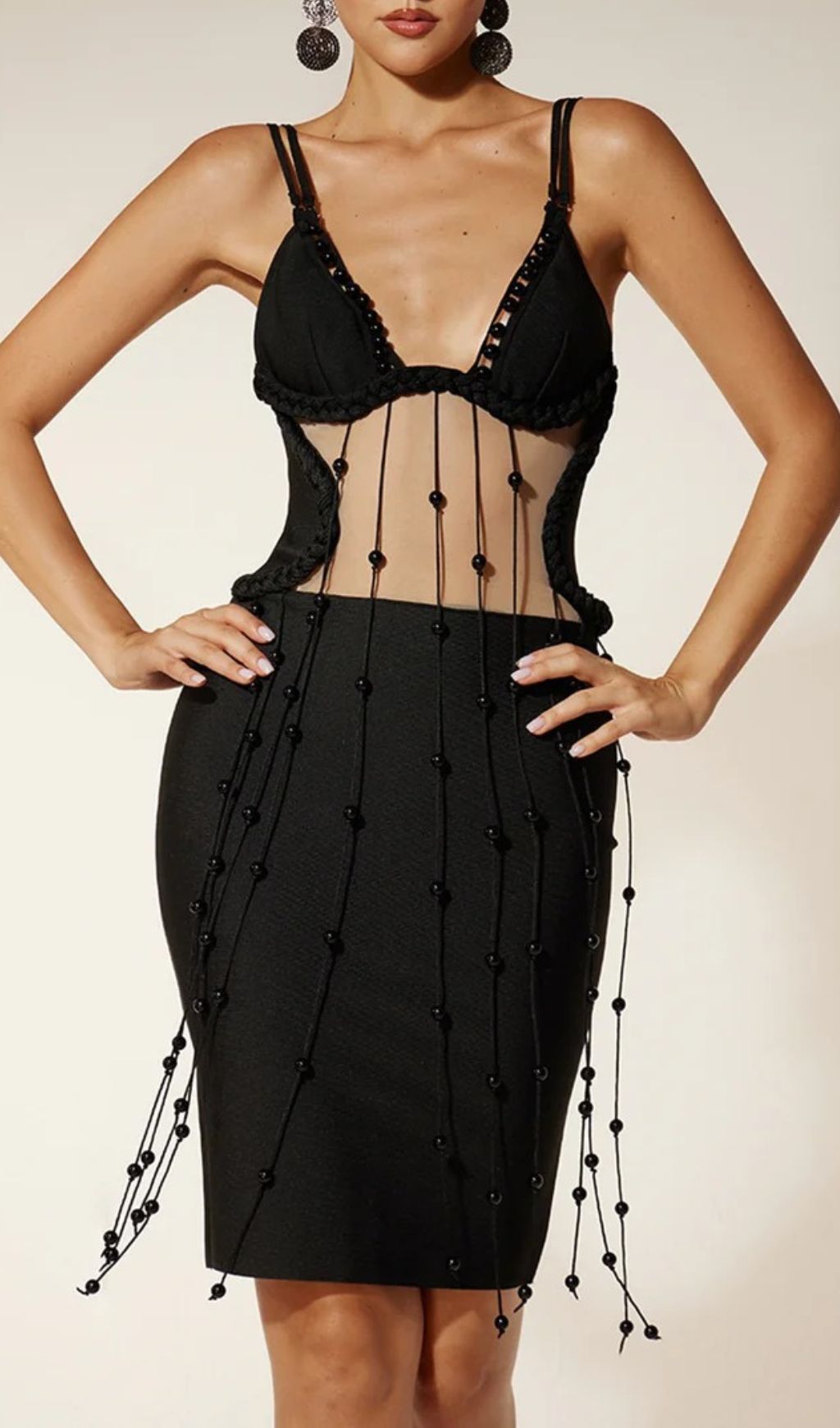 Einav Seductive Beaded Fringe Sheer Panel Bandage Mini Dress