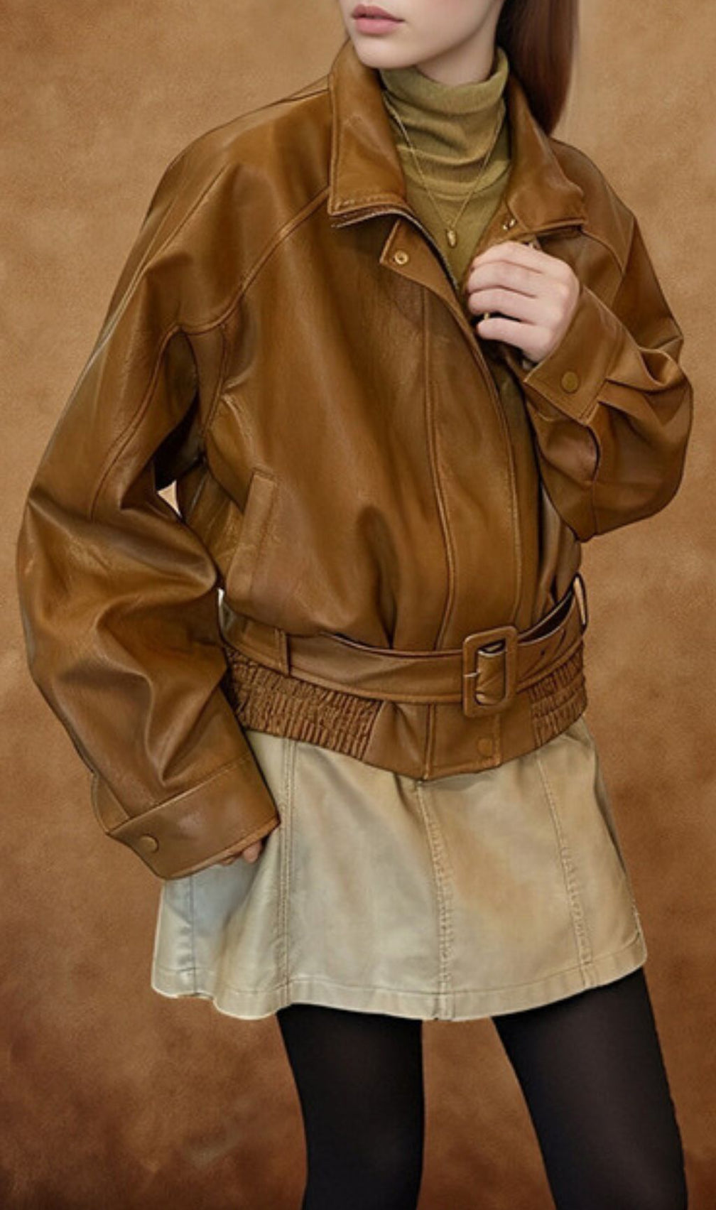 Hailee Luxe Belted Faux Leather Jacket - Caramel Brown