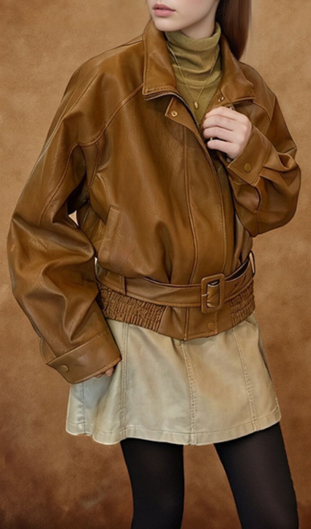 Hailee Luxe Belted Faux Leather Jacket - Caramel Brown