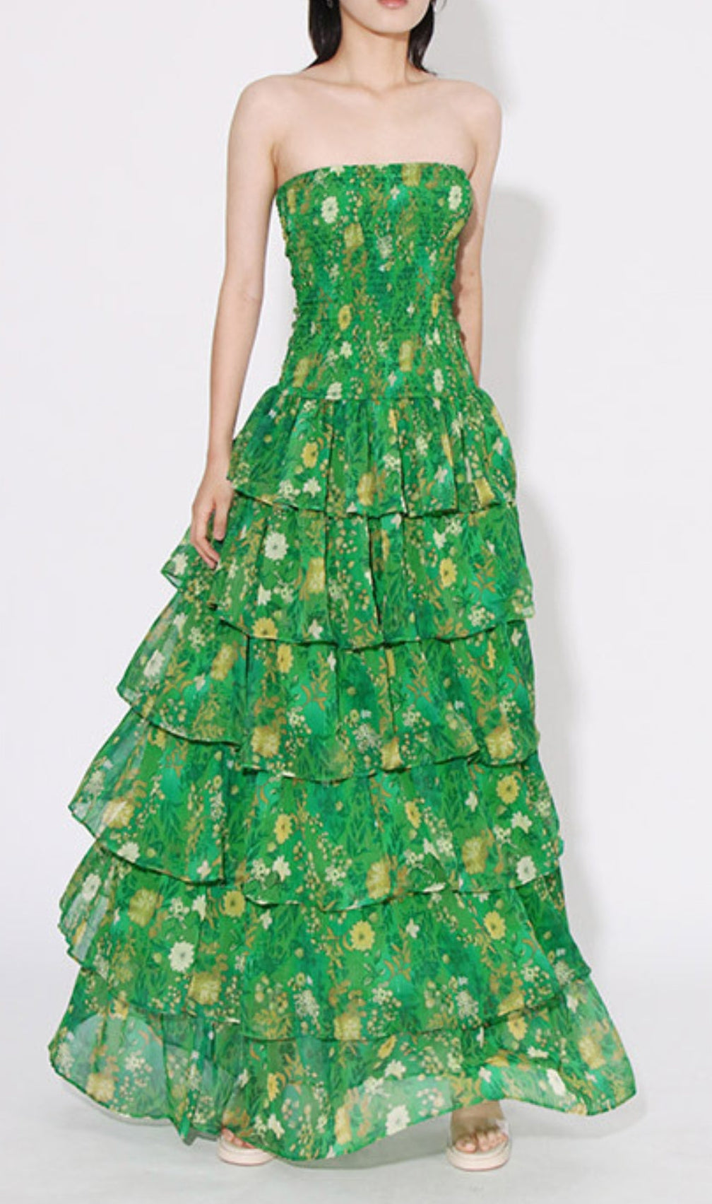 Bela Green Strapless Floral Ruffle Maxi Dress