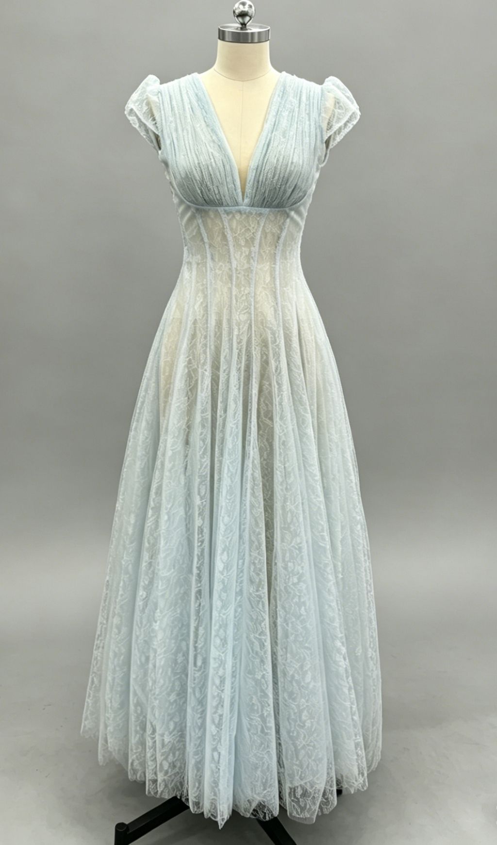 Kelsey Ethereal Sky Blue V-Neck Mesh Maxi Gown