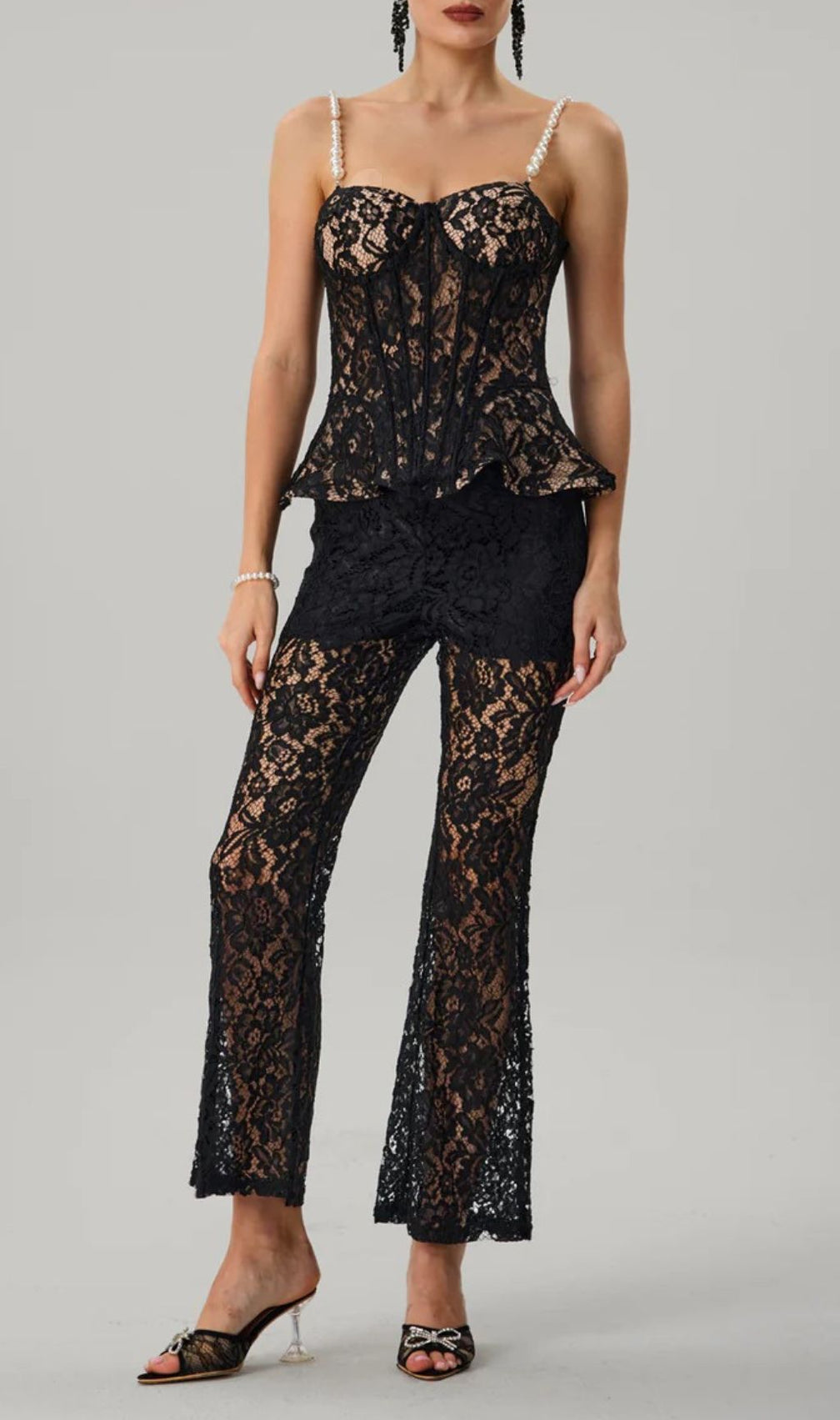 Farrah Black Lace Peplum Corset & Flared Pants Set with Pearl Straps