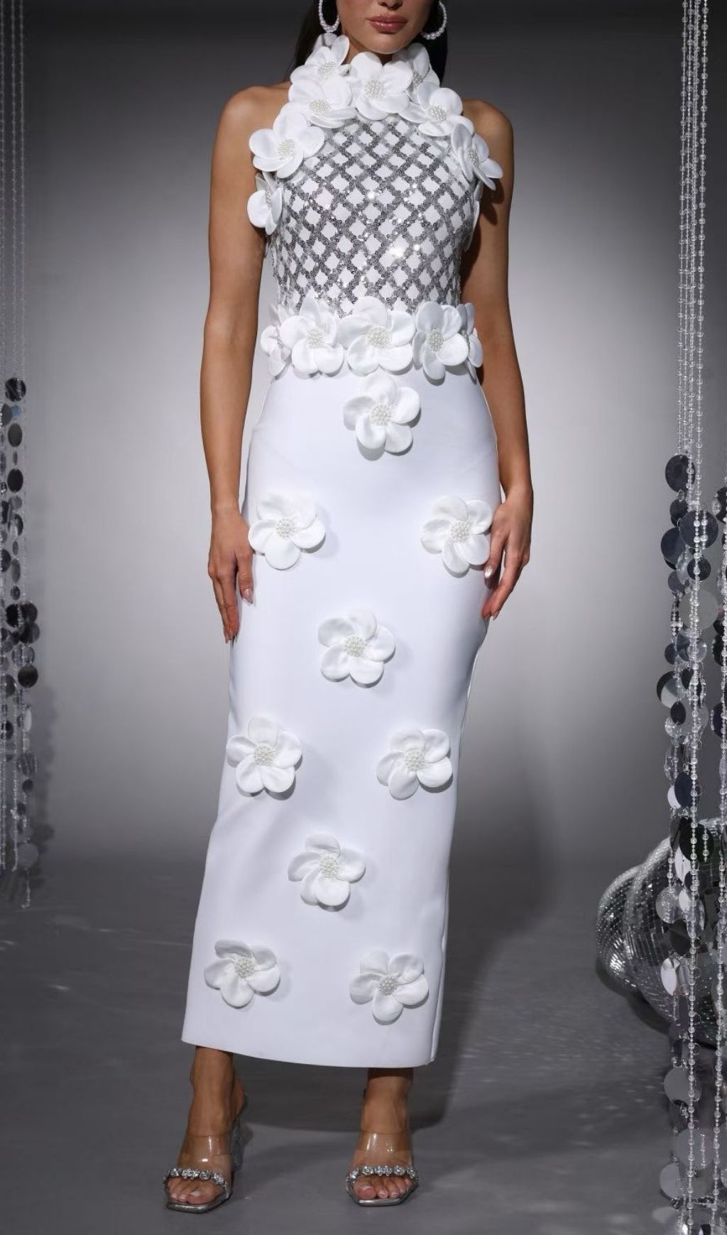 Kendi White Halter Sequin & 3D Floral Maxi Dress | Elegant Bandage Gown