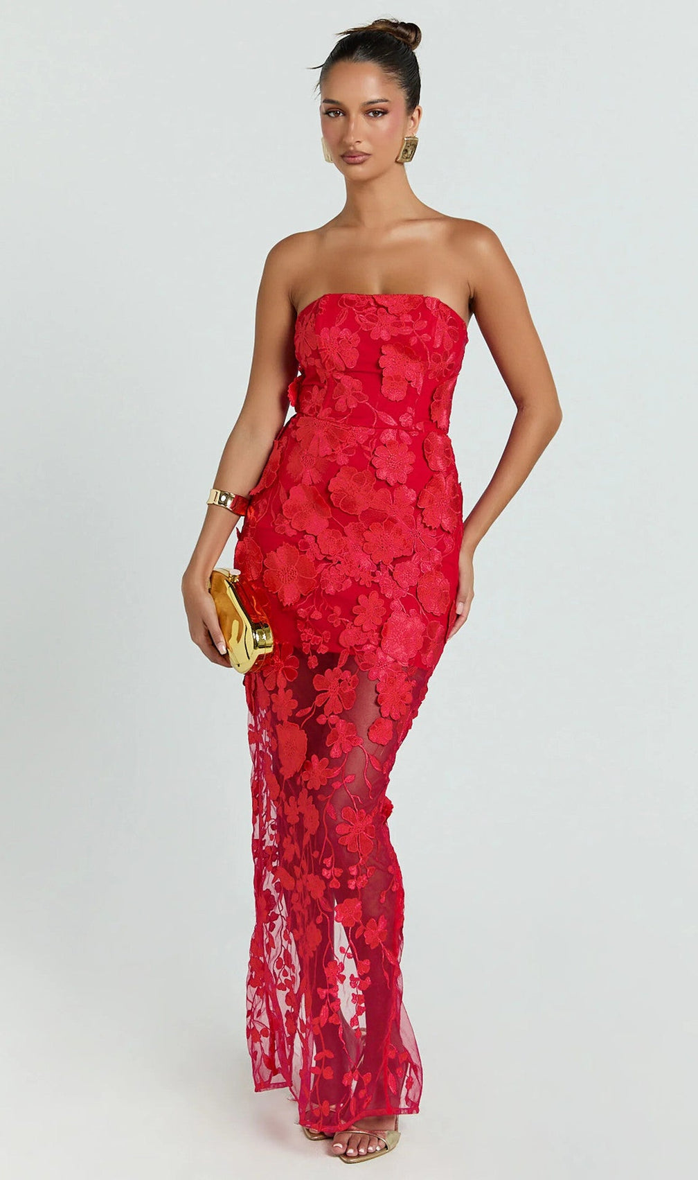 Strapless 3D Floral Mesh Maxi Dress