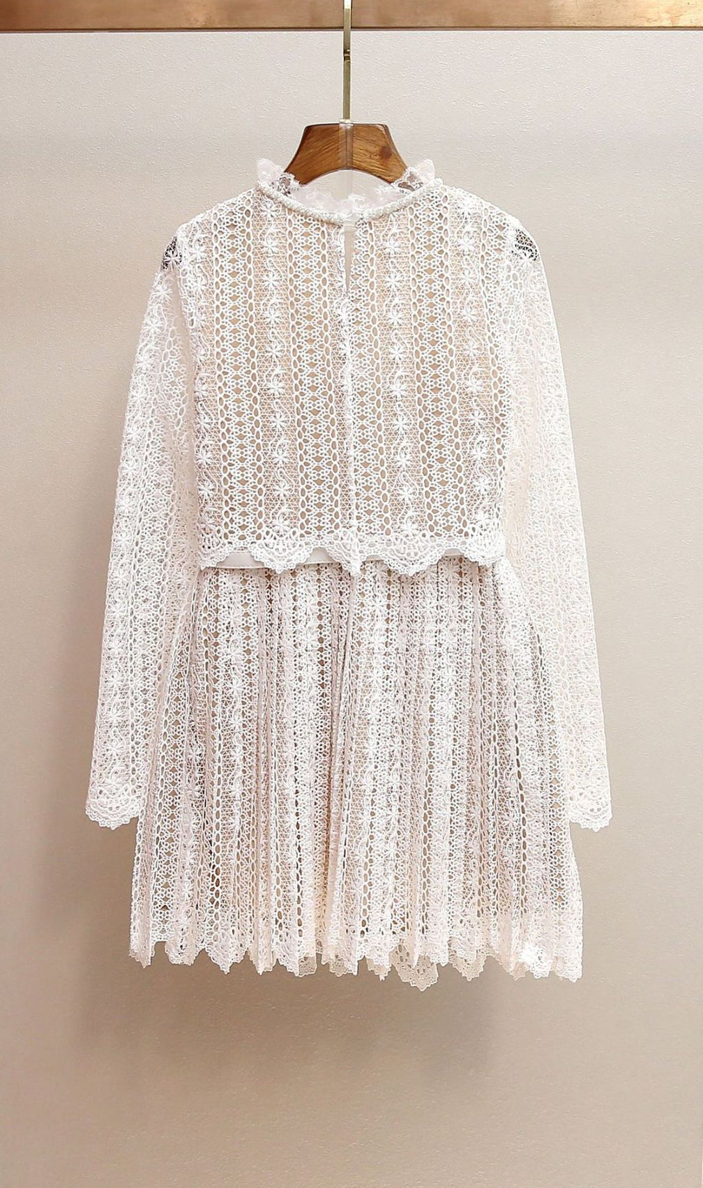 Chic Organza Lace Mini Dress | Ruffled Neck & Scalloped Details