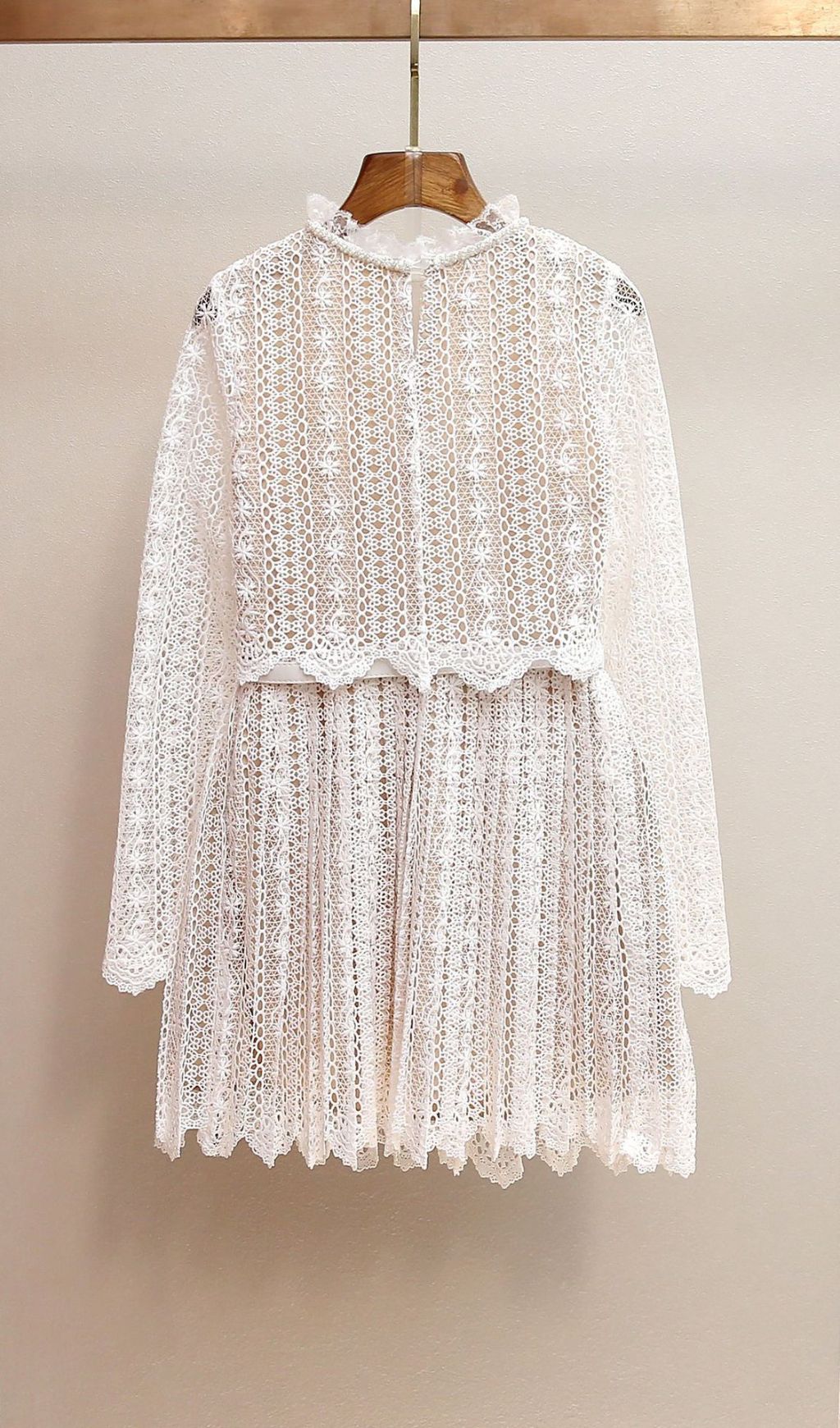 Chic Organza Lace Mini Dress | Ruffled Neck & Scalloped Details