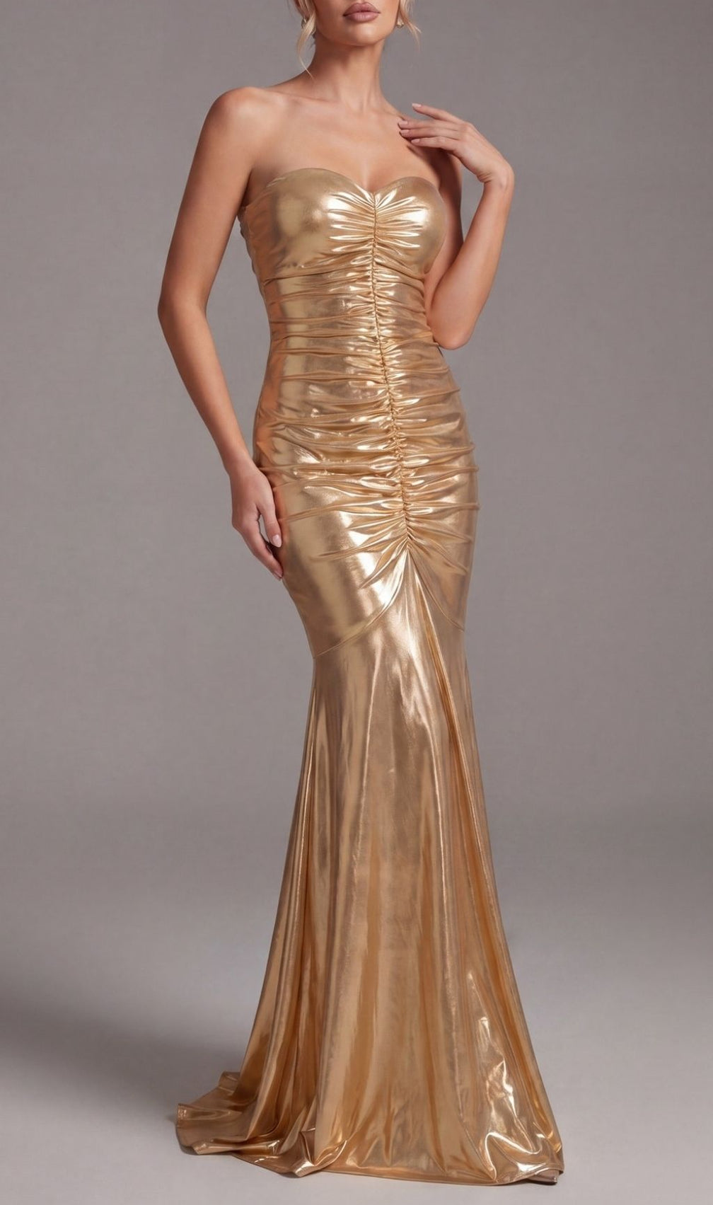Khadijah Gold Strapless Ruched Maxi Dress - Your Red Carpet Moment Awaits