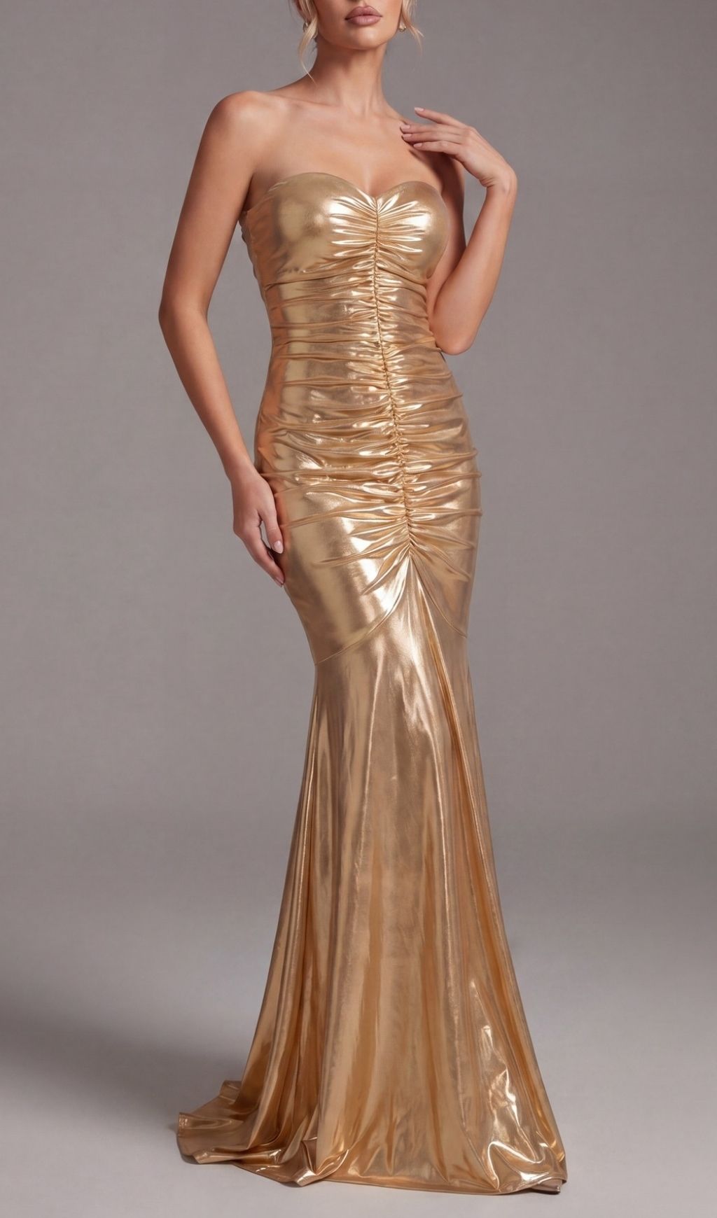 Khadijah Gold Strapless Ruched Maxi Dress - Your Red Carpet Moment Awaits