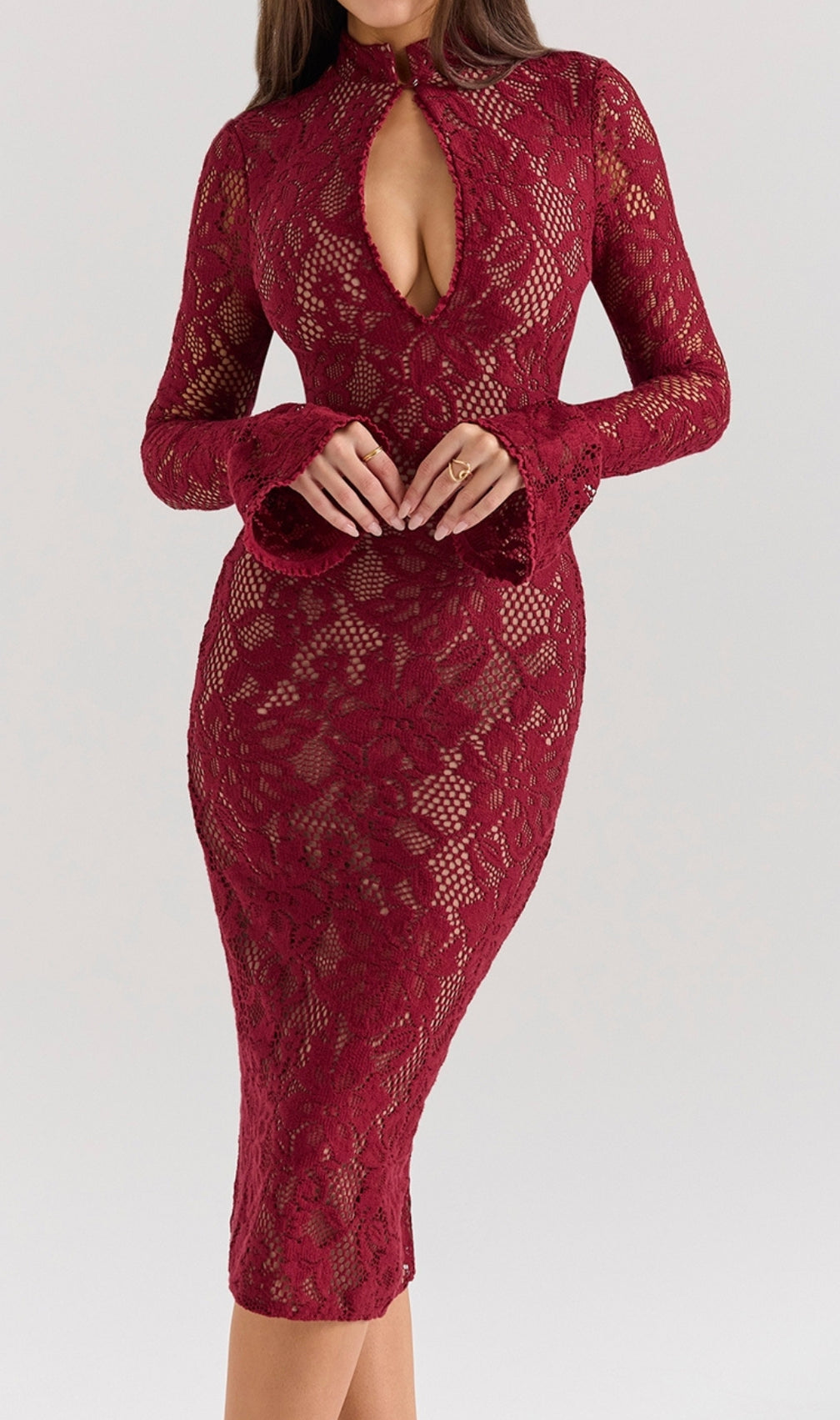 Cayman Red Lace Long Sleeve Midi Dress