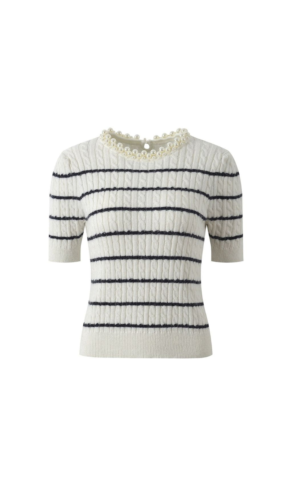 Chic Faux Pearl Collar Striped Cable Knit Sweater - Women's Short Sleeve Top