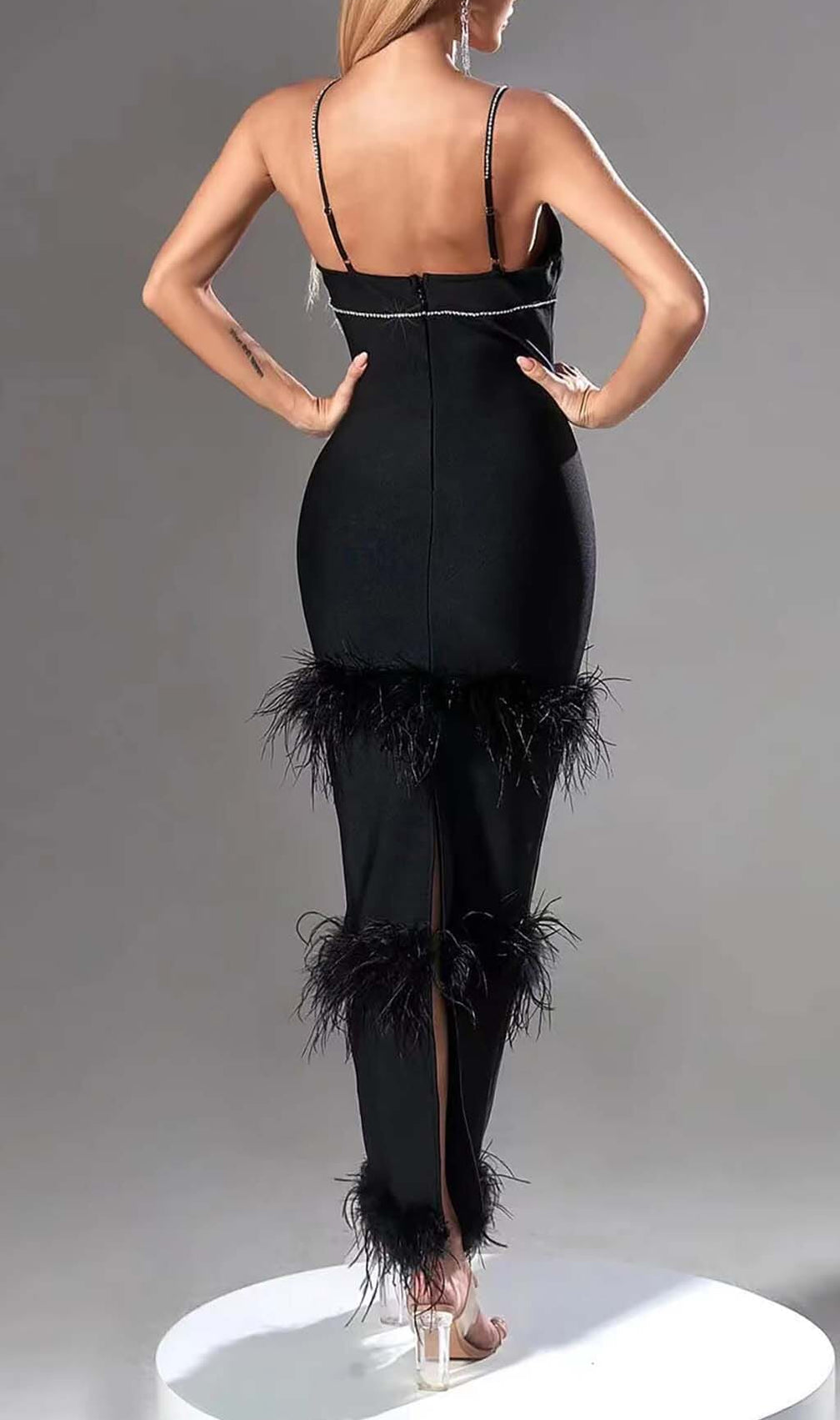 Rhinestone Tiered Feather Midi Dress In Black