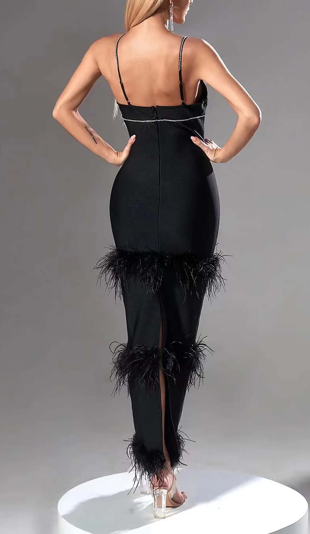 Rhinestone Tiered Feather Midi Dress In Black