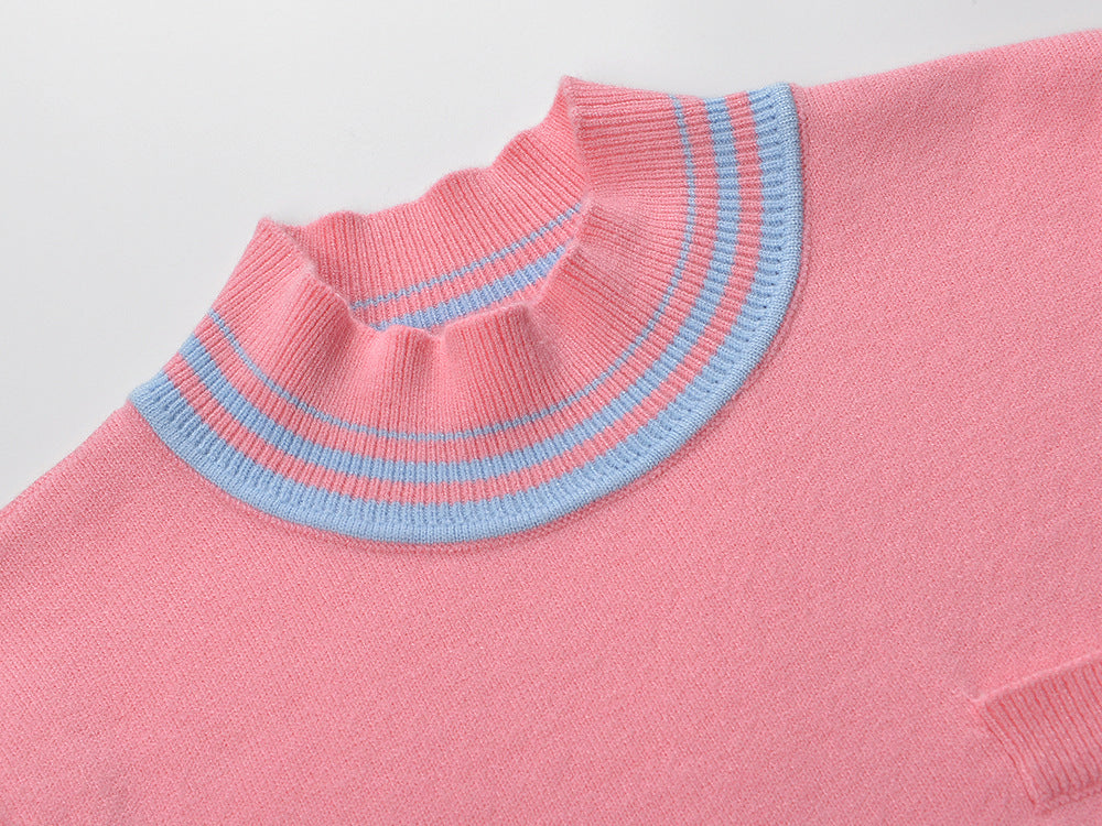 Chic Pink & Blue Stripe Mock Neck Ribbed Knit Top | Women's Short Sleeve