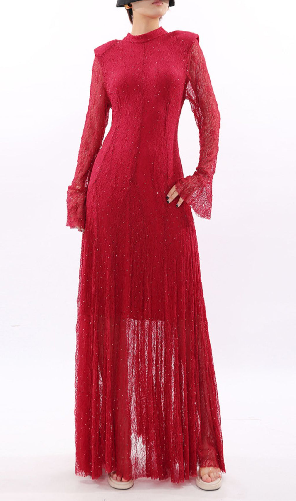 Stunning Ruby Red Sparkle Lace Maxi Dress - Long Sleeve Evening Gown