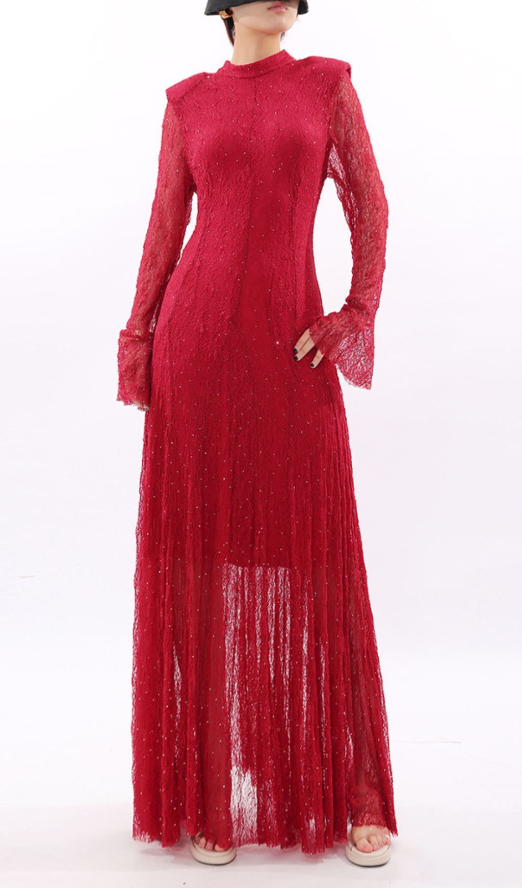 Stunning Ruby Red Sparkle Lace Maxi Dress - Long Sleeve Evening Gown