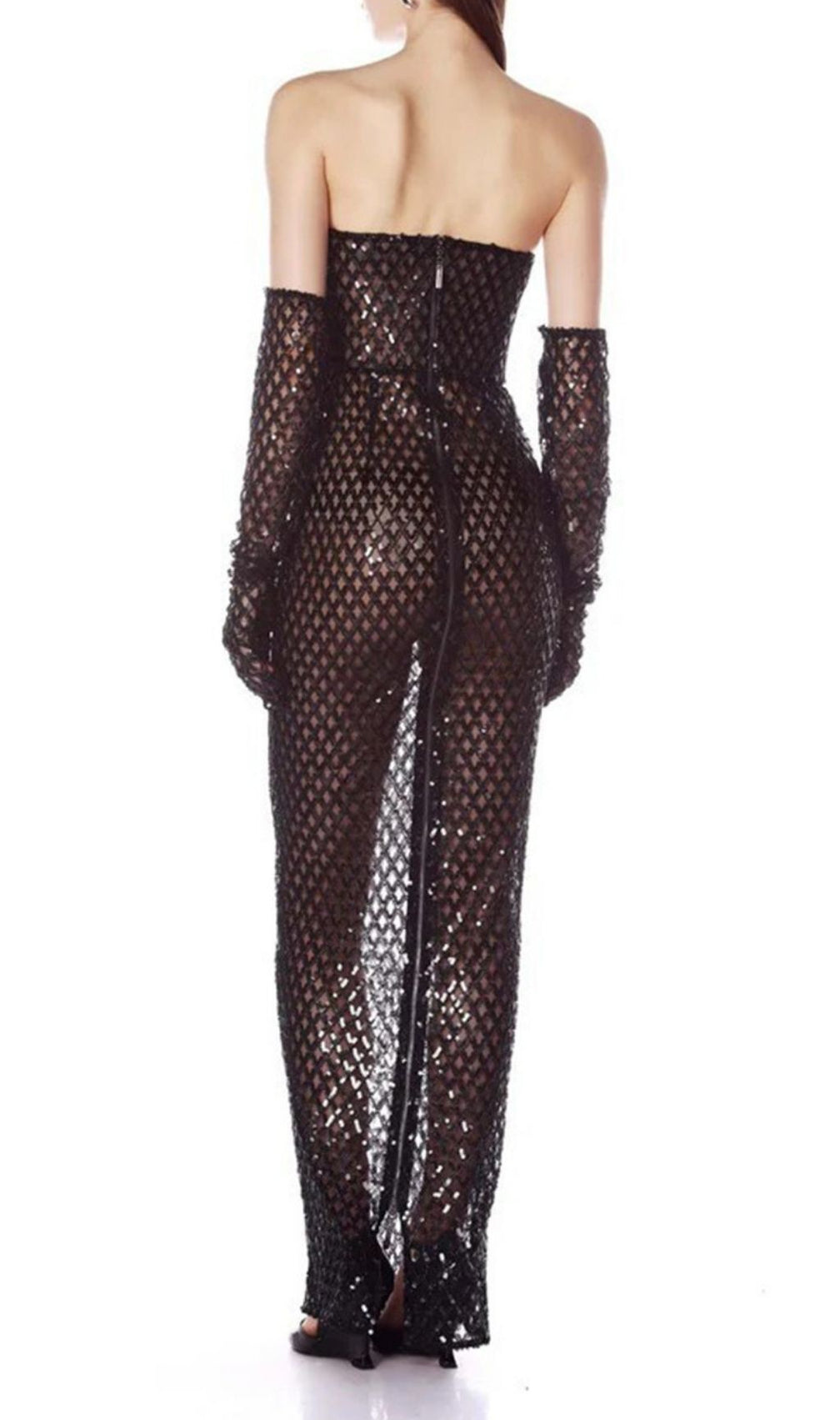 Glamorous Kelda Black Sequin Strapless Maxi Gown with Velvet Bow