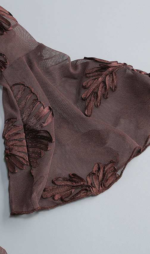 Jovan Coffee Flower Long Sleeve Mini Dress | Sheer Bell-Sleeve Floral Dress