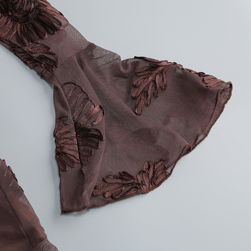 Jovan Coffee Flower Long Sleeve Mini Dress | Sheer Bell-Sleeve Floral Dress