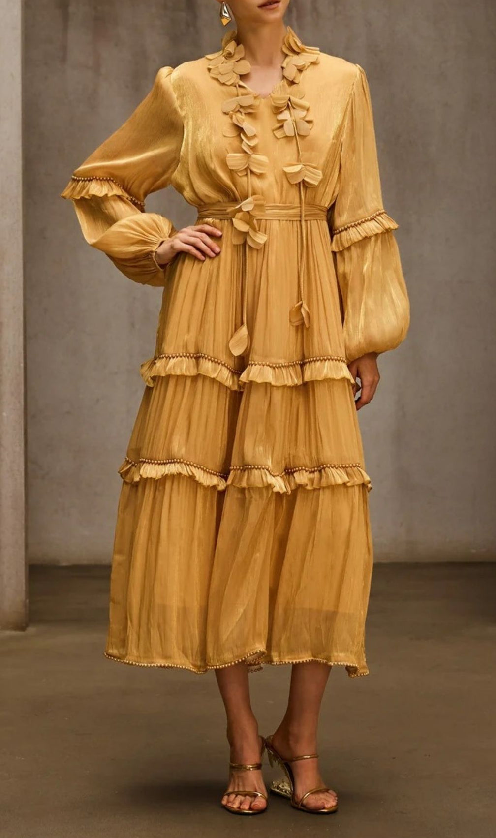 Dzon Luxe Golden Tiered Midi Dress with 3D Floral Appliques & Ruffles