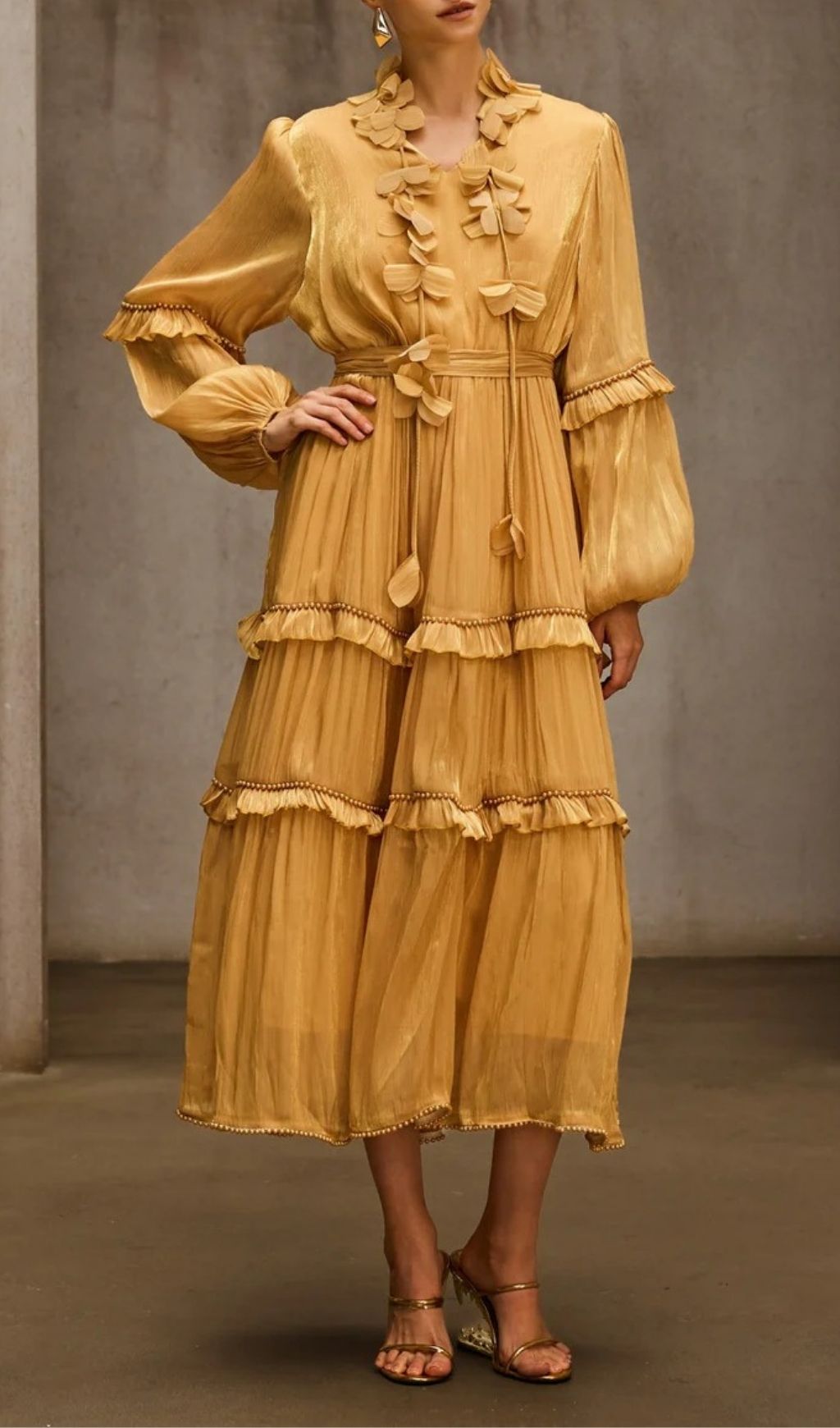 Dzon Luxe Golden Tiered Midi Dress with 3D Floral Appliques & Ruffles