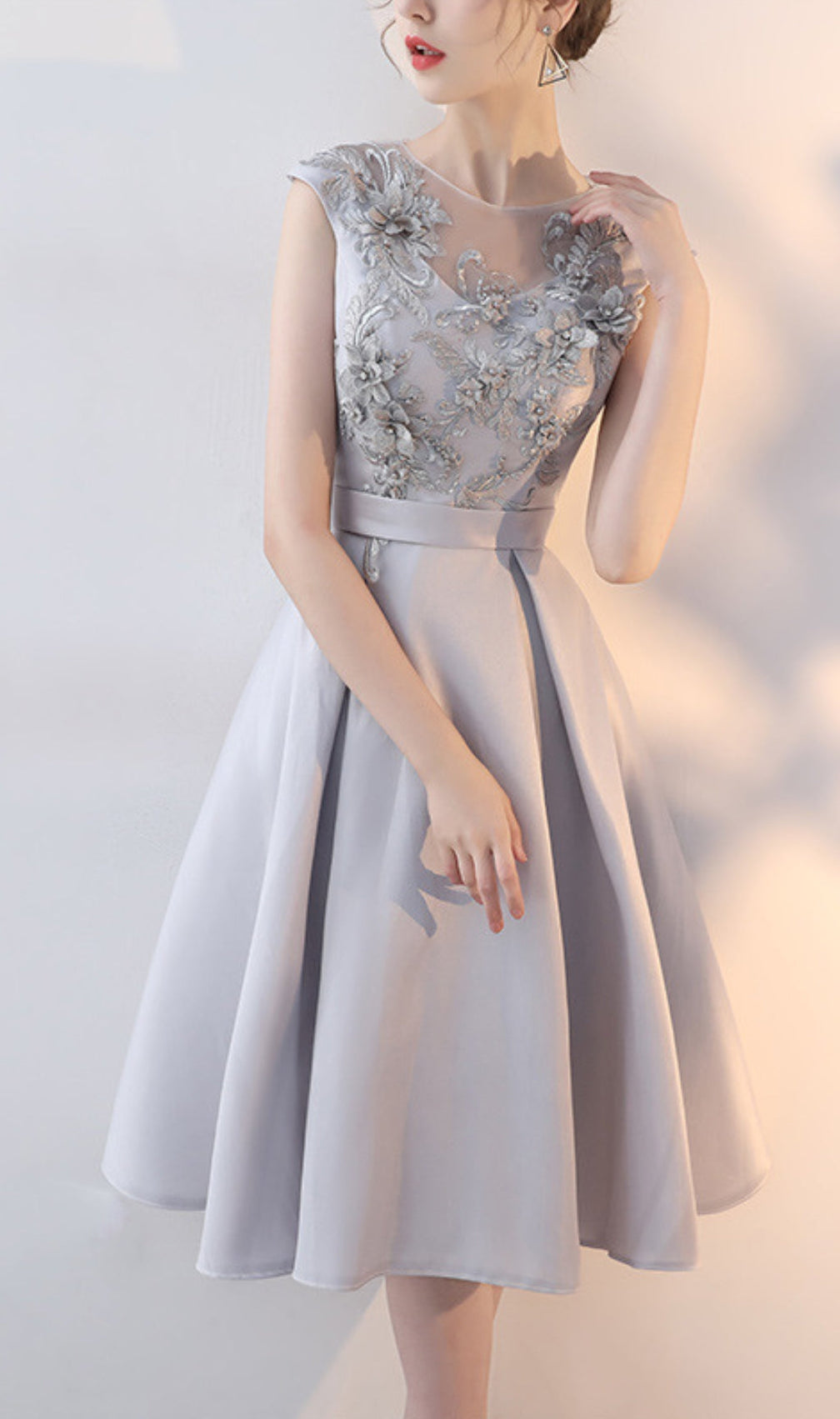 Gray Lace Appliqué Midi Dress