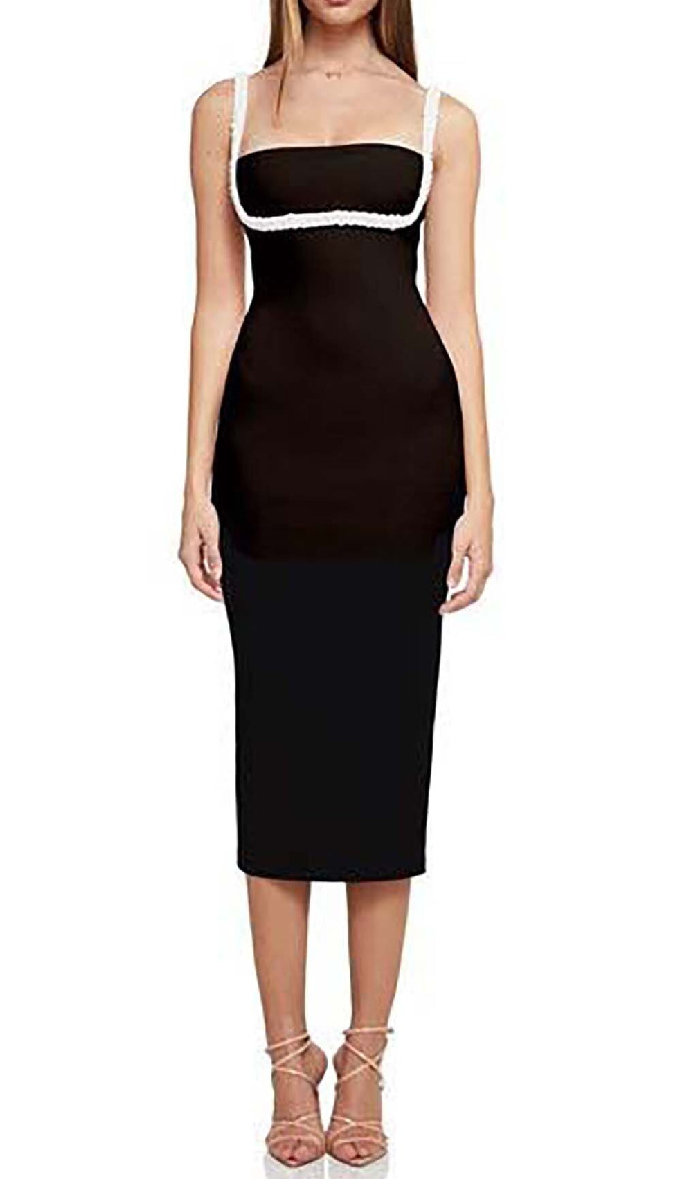 Crystal Embellished Trim Midi Dress In Black