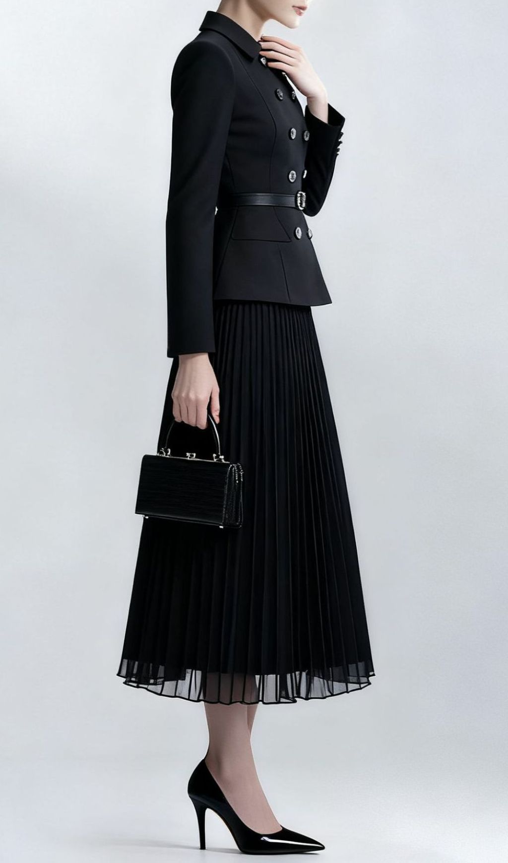 Julitta Black Peplum Power Midi Dress - Long Sleeve & Pleated Skirt