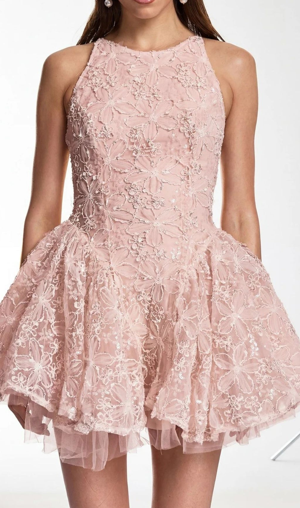 Katsumi Pink Floral Lace Halter Mini Dress | Romantic Party & Cocktail