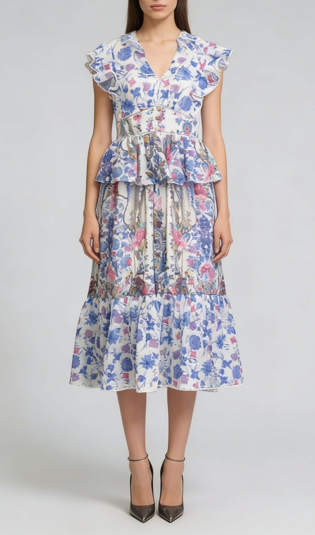 Jamiya Blue Floral Ruffle Midi Dress - Elegant Tiered Peplum Design