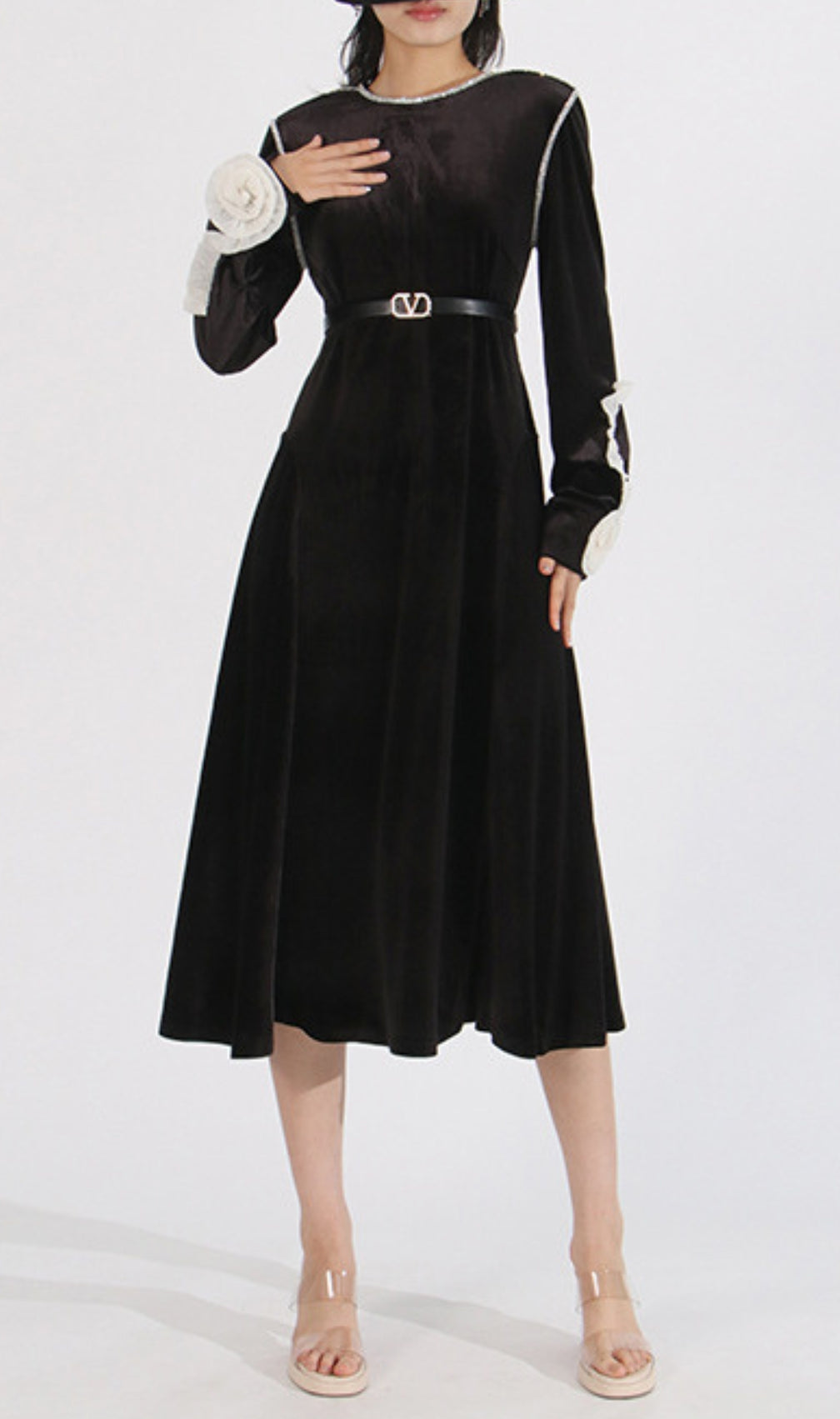 Cleave Black Flower Long Sleeve Midi Dress