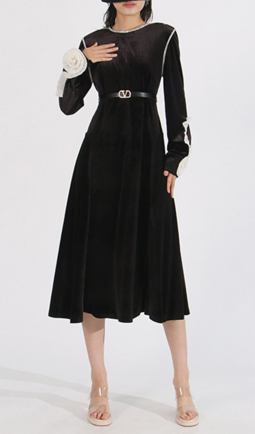 Cleave Black Flower Long Sleeve Midi Dress