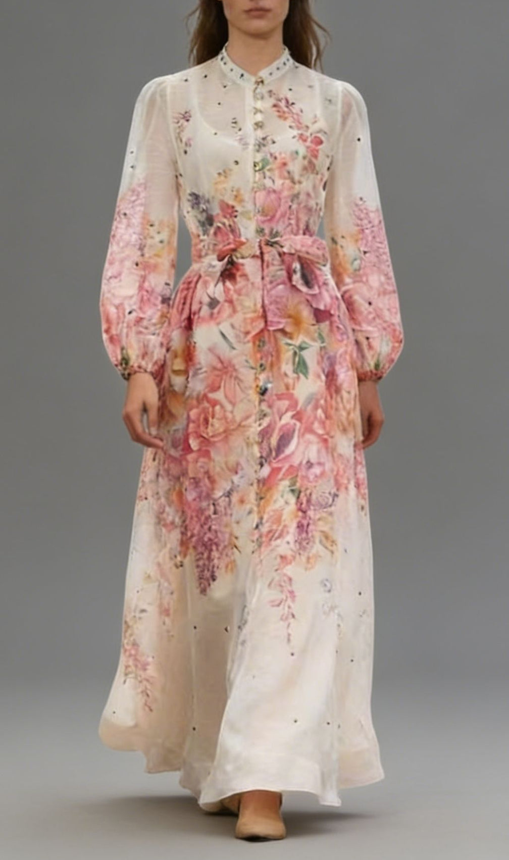 Karishma Floral Maxi Dress | Elegant Long Sleeve Tie-Waist Gown