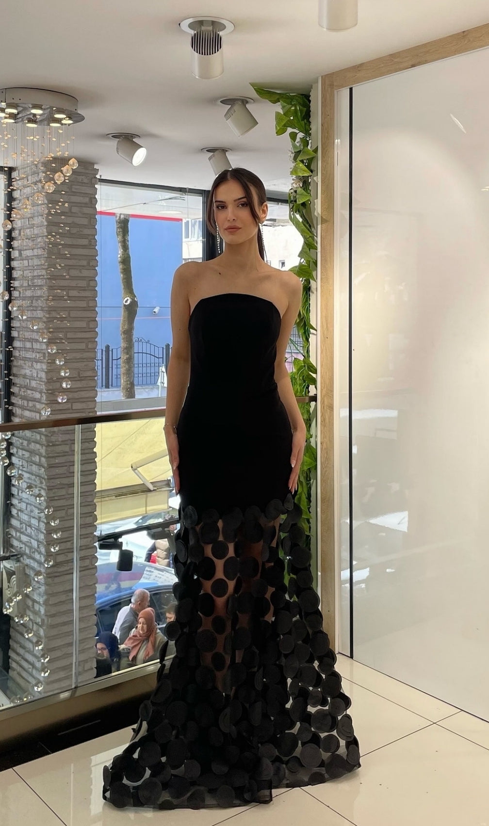 Duffy Black Strapless Mesh Dot Maxi Dress