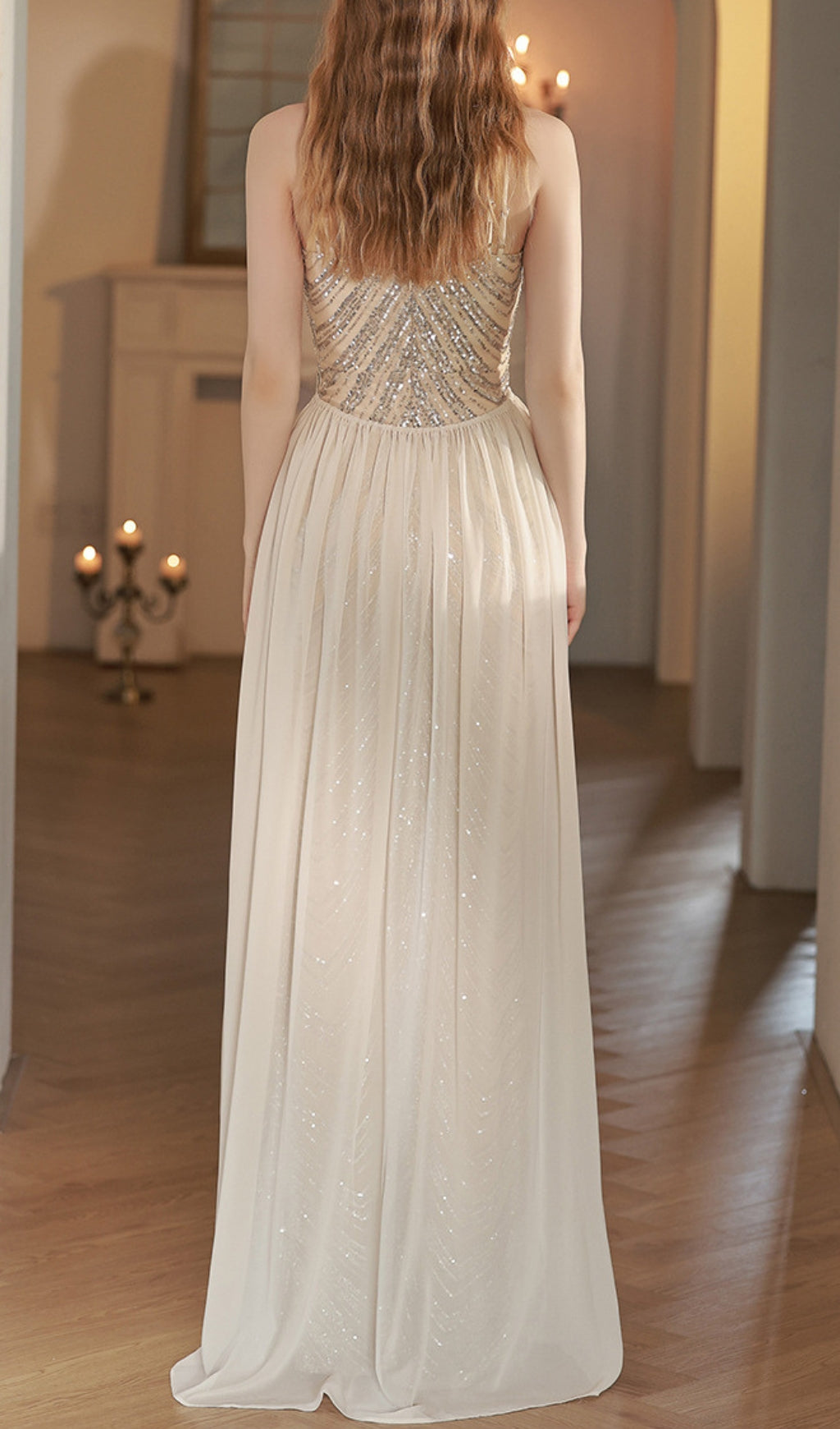 Colombe Champagne Halter Sequin Maxi Dress