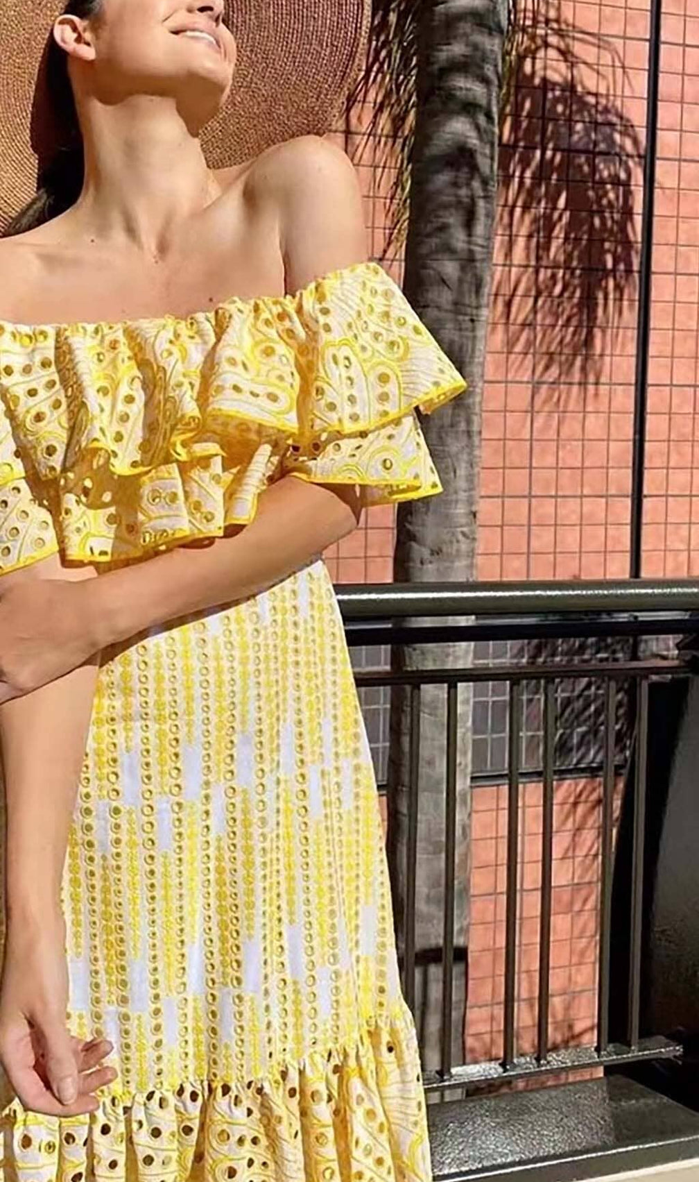 Ruffle Cold Shoulder Midi Dress In Yellow