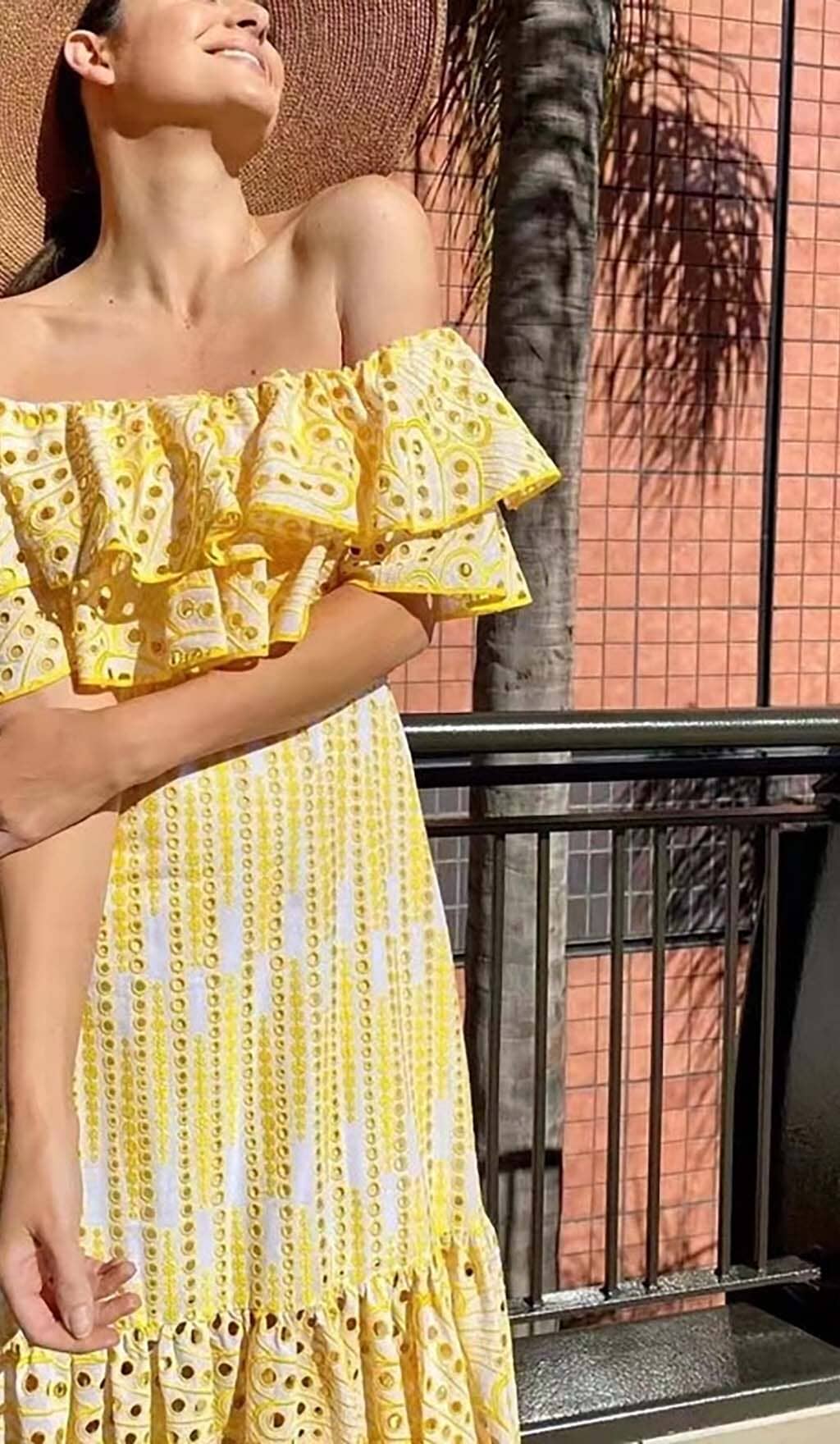 Ruffle Cold Shoulder Midi Dress In Yellow