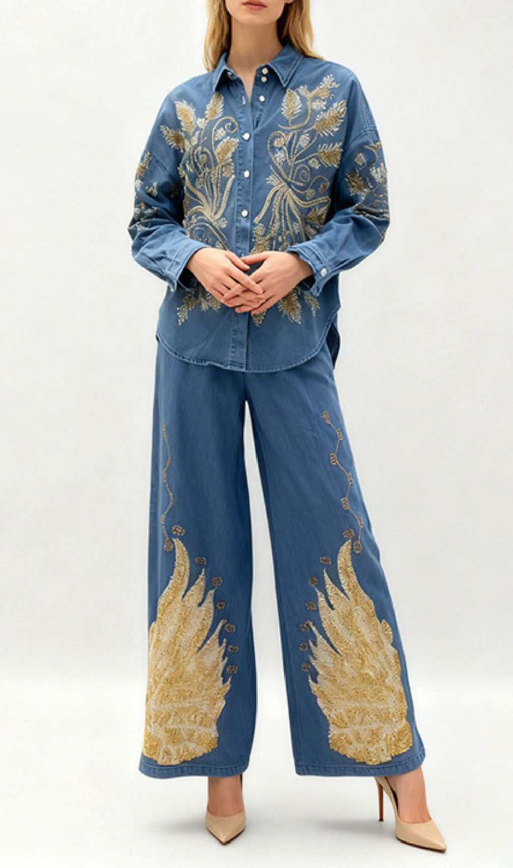 Jena Artisan Embroidered Denim Set - Women's Boho Chic Wide-Leg Pants & Shirt