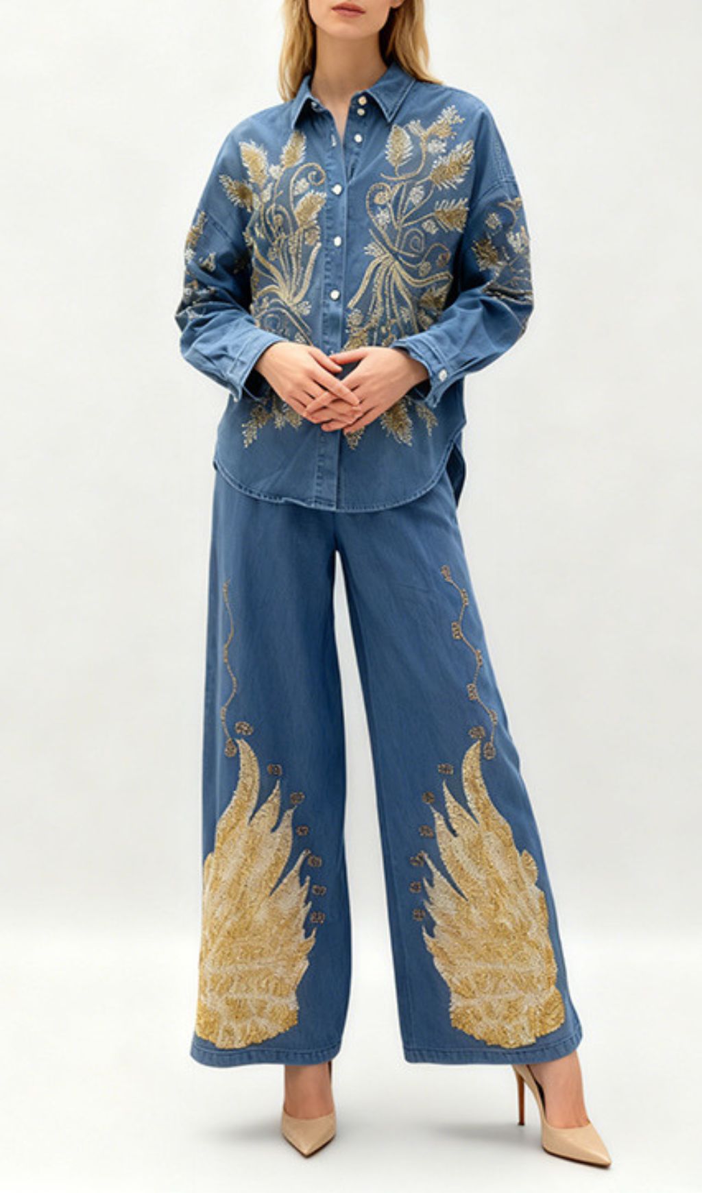 Jena Artisan Embroidered Denim Set - Women's Boho Chic Wide-Leg Pants & Shirt