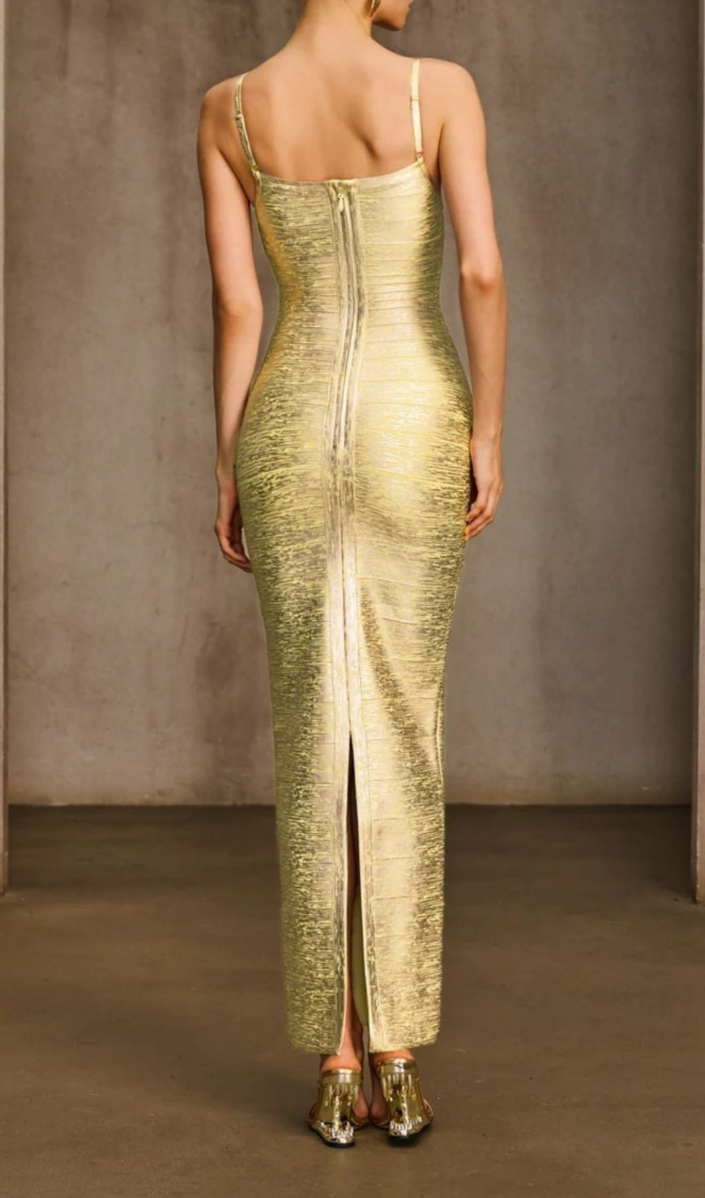 Donyelle Luxe Gold Bodycon Maxi Dress | Spaghetti Strap Bandage Gown