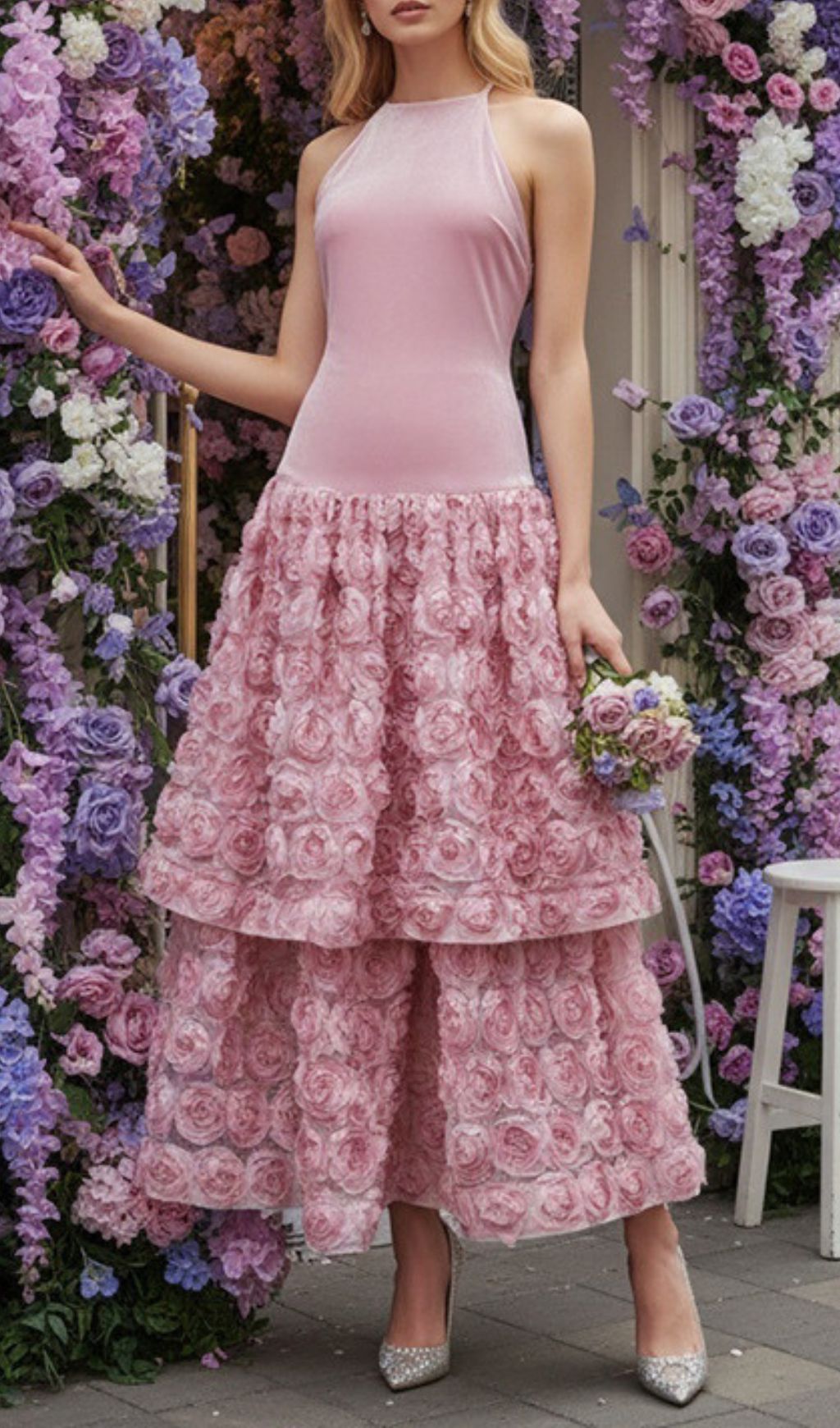 Jonila Romantic Pink Halter Midi Dress with Tiered 3D Rose Appliqué Skirt