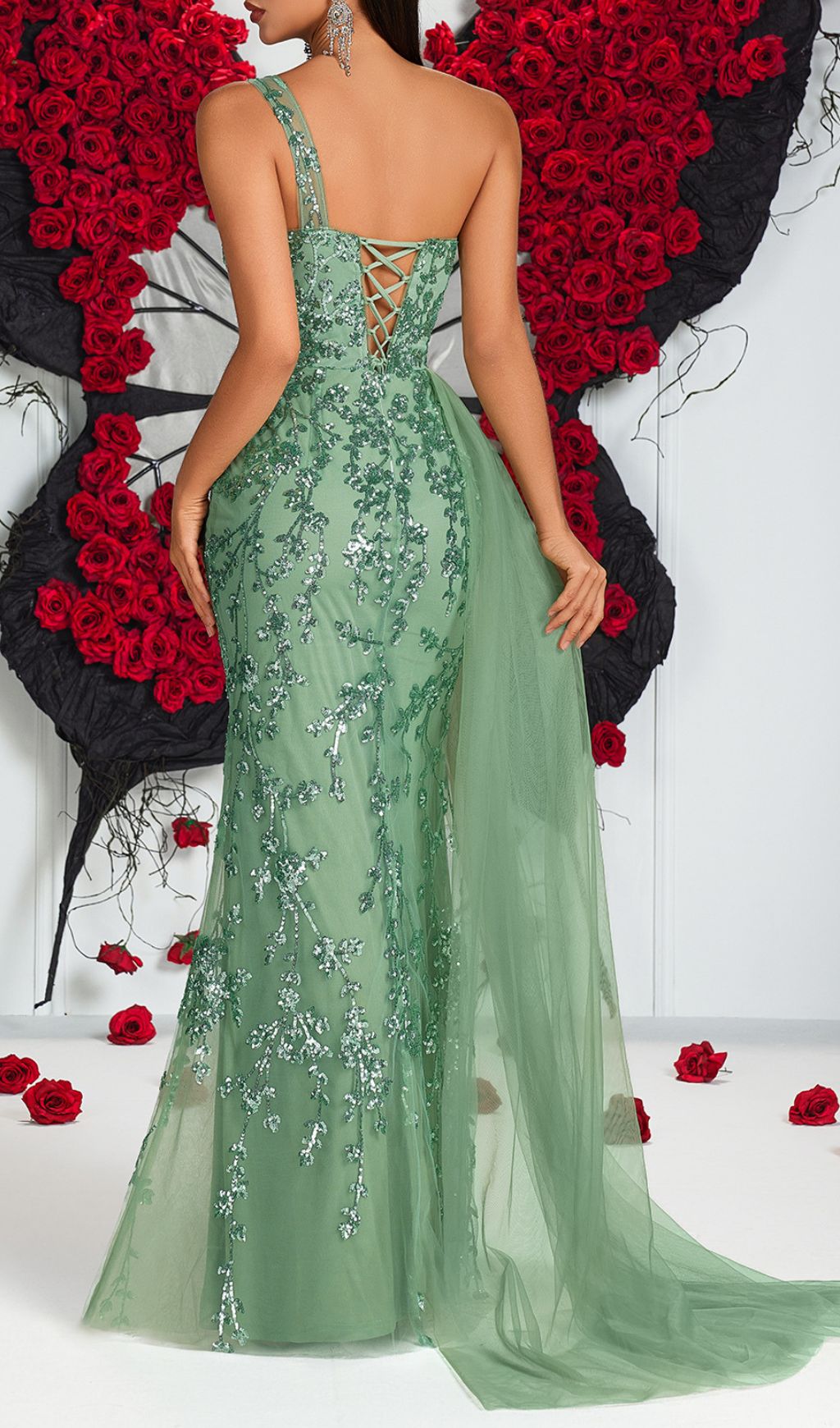 Jenne One-Shoulder Sequin Mesh Maxi Dress