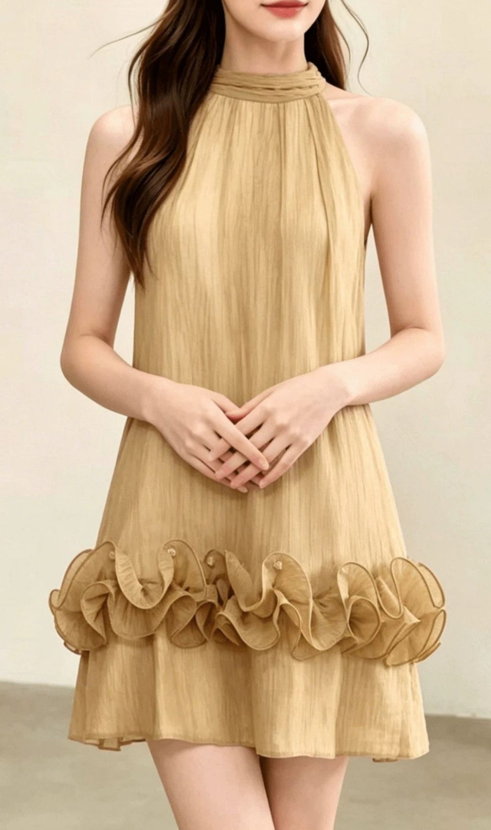 Kila Golden Halter Ruffle Mini Dress - Chic Summer & Vacation Essential