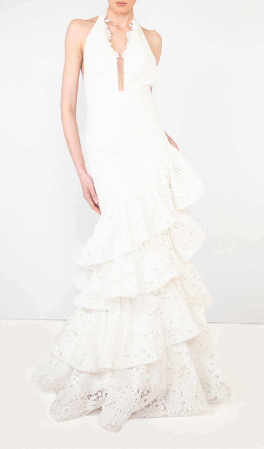 Ellie White Halter Embroidery Ruffle Maxi Dress