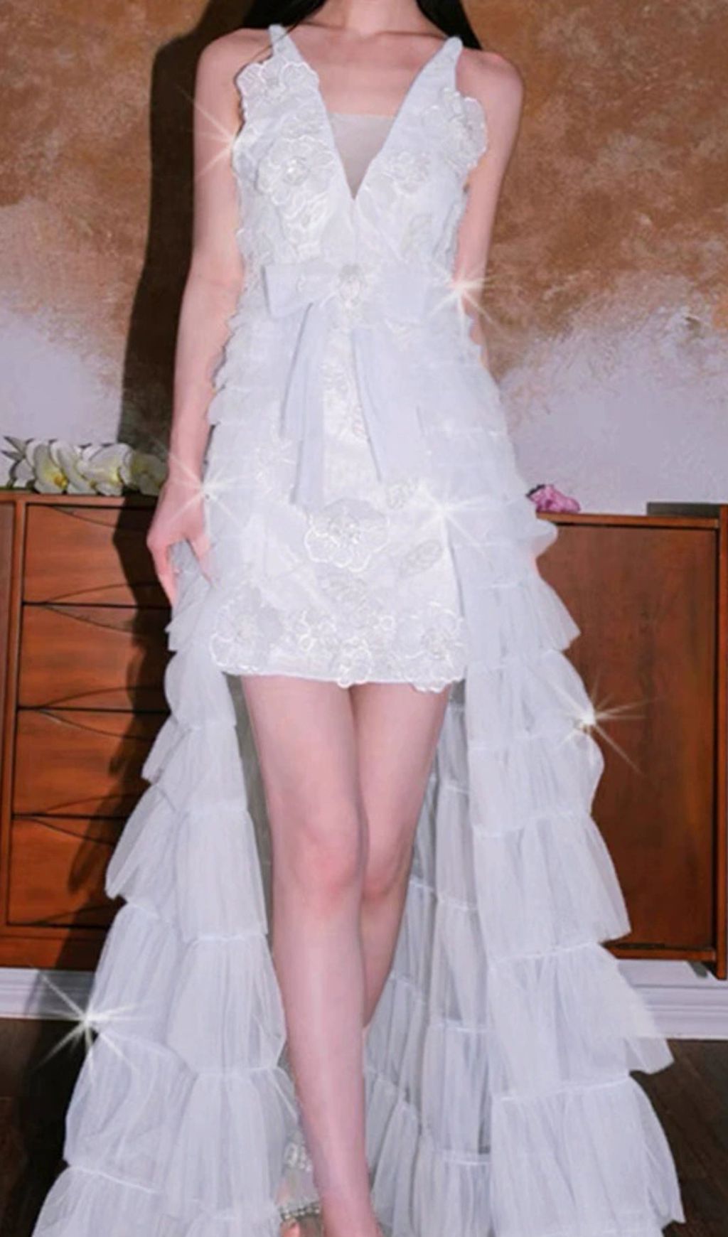 Fedella Flower Sequin Beaded Mesh Maxi Dress