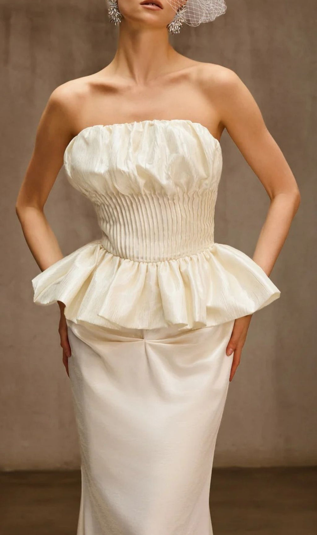 Dysis Luxe Strapless Pleated Peplum Maxi Gown | High-Impact Evening Dress