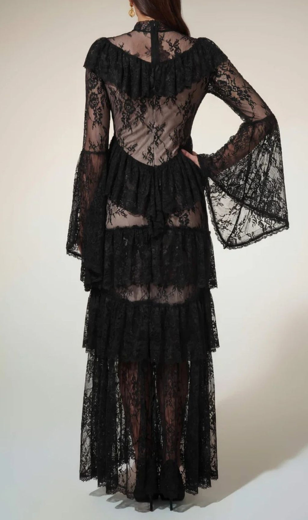 Aloysius Dramatic Black Lace Tiered Maxi Dress with Bell Sleeves